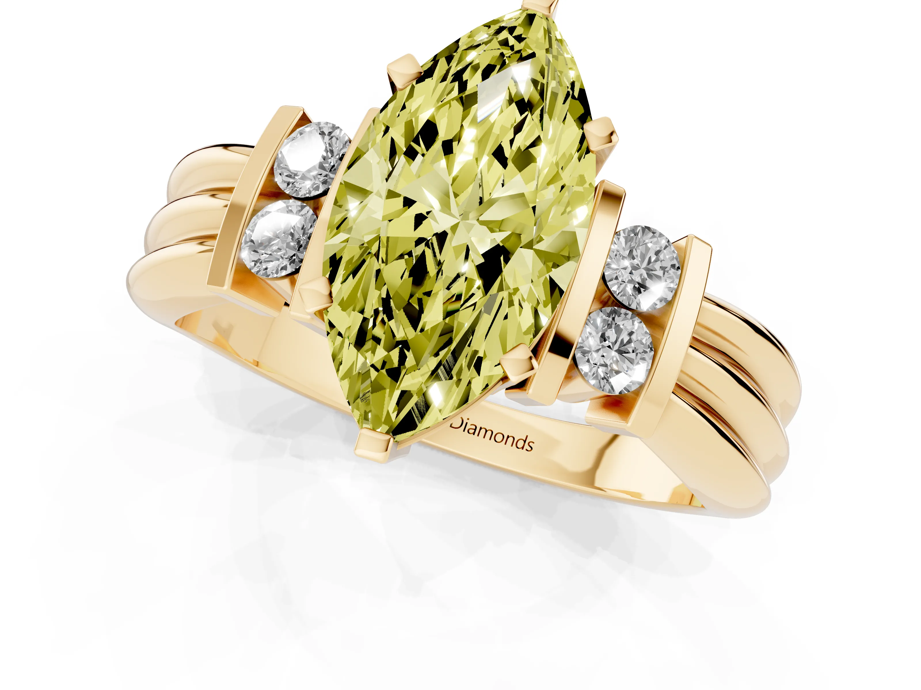 Fancy Yellow Three-Stone Marquise Cut Diamond Channel Set Ring Set in Yellow gold with Bar Prongs