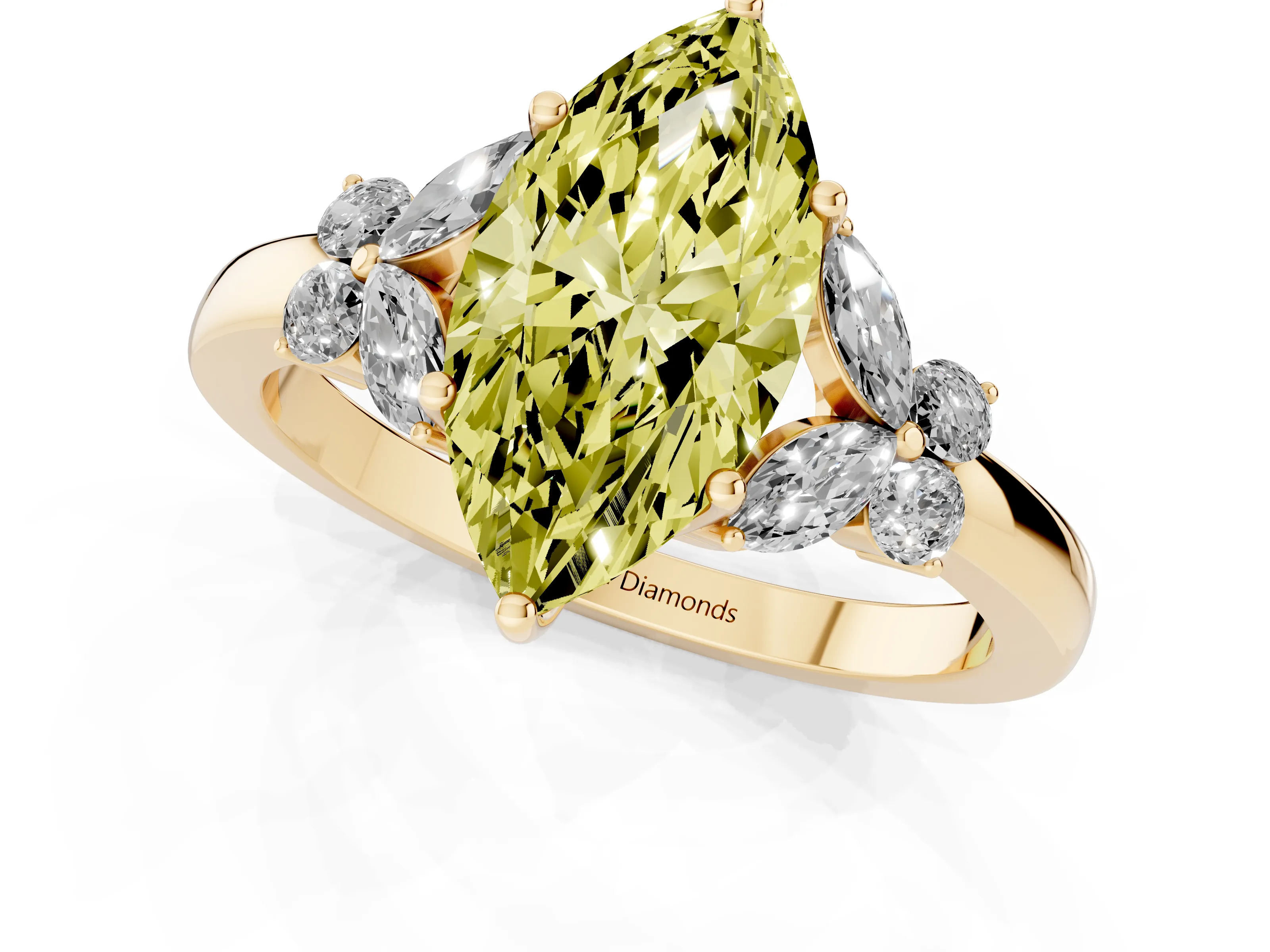 Fancy Yellow Marquise Cut Diamond Solitaire Floral Ring Set in Yellow gold with Marquise Petals and Prong Setting