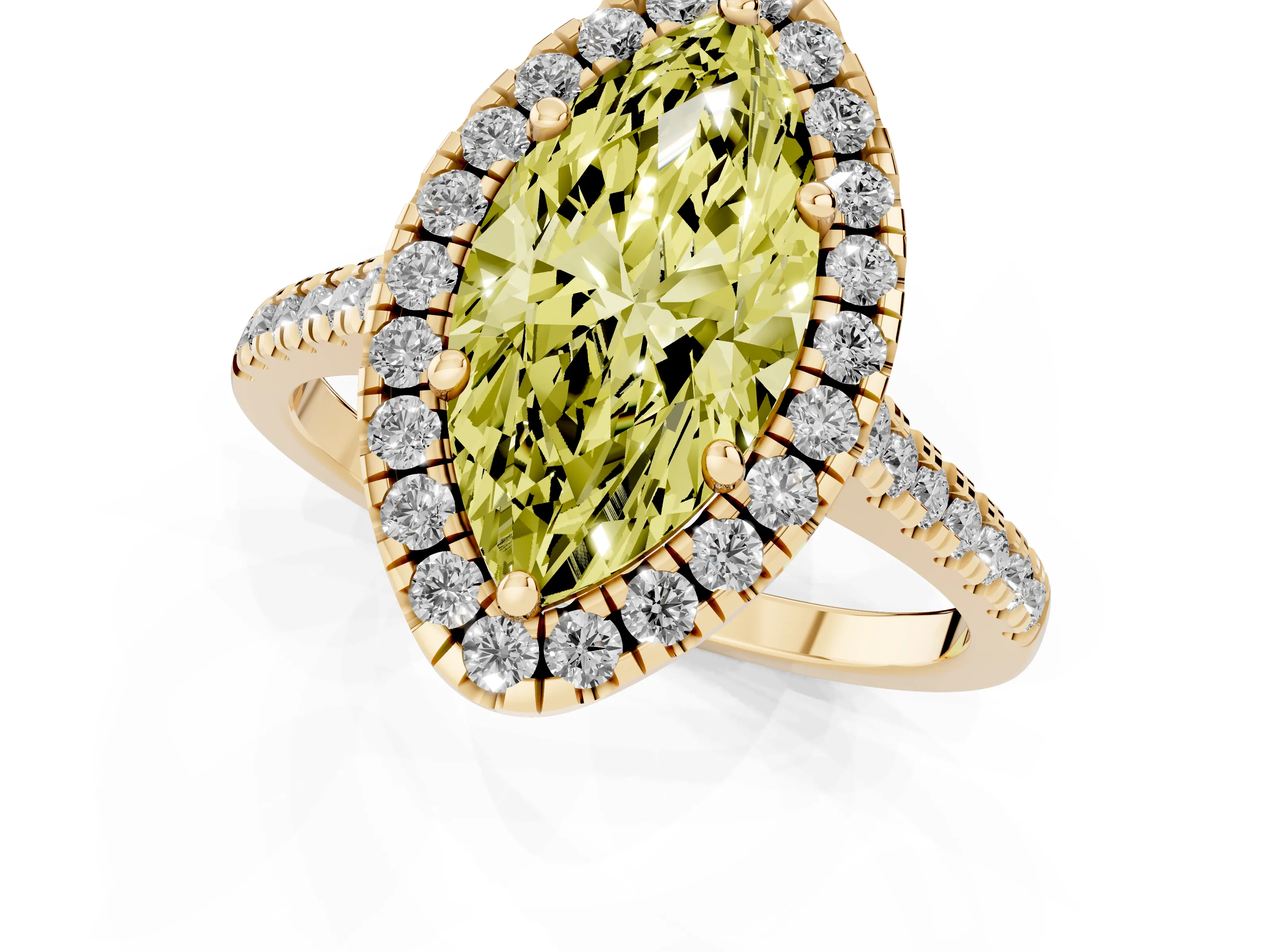 Fancy Yellow Marquise Cut Diamond Cushion Halo Ring Set in Yellow gold with Pavé Band