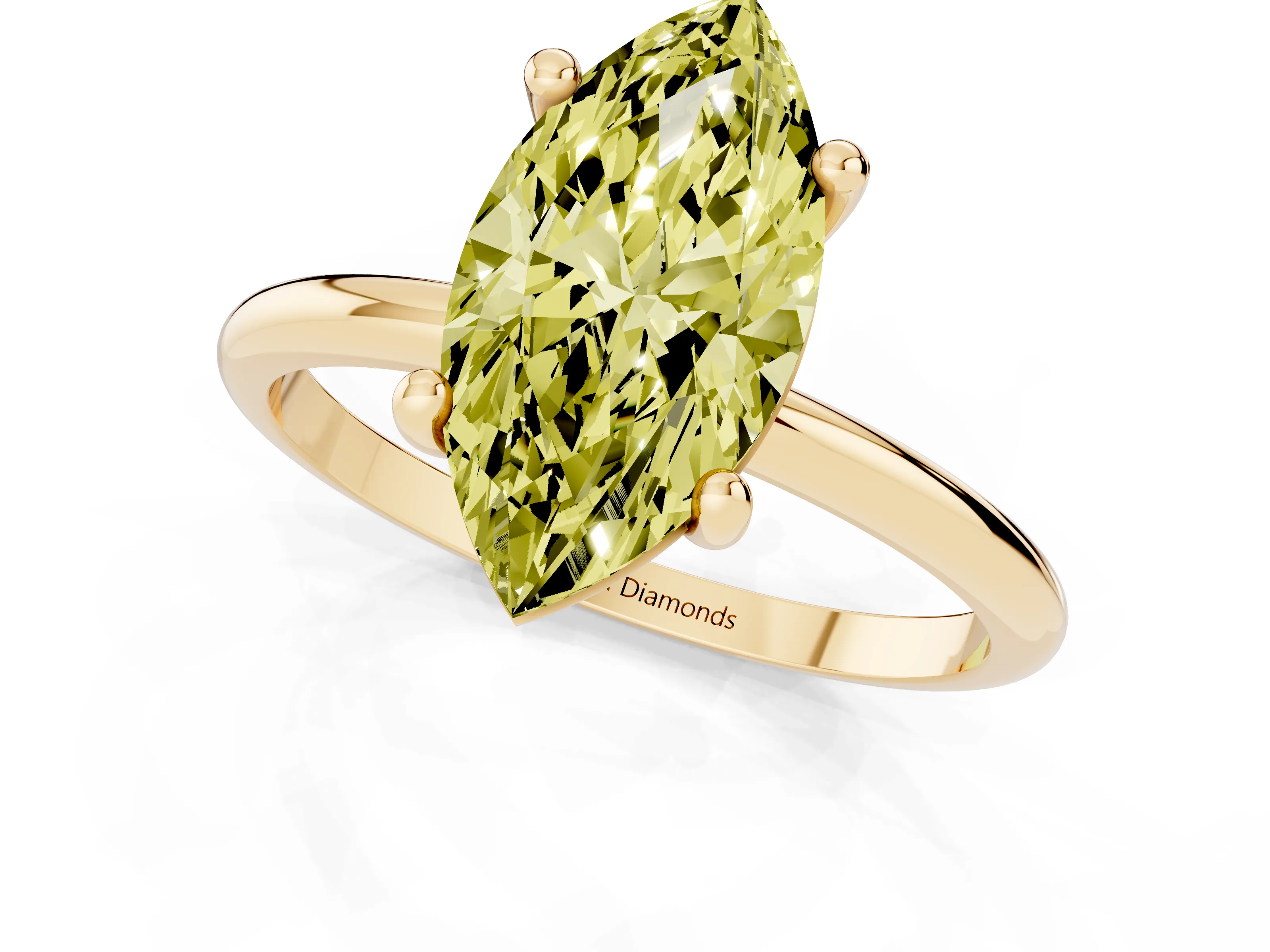 Fancy Yellow Marquise Cut Diamond Solitaire Ring Set in Yellow gold with Secure Prong Setting on a Classic Band