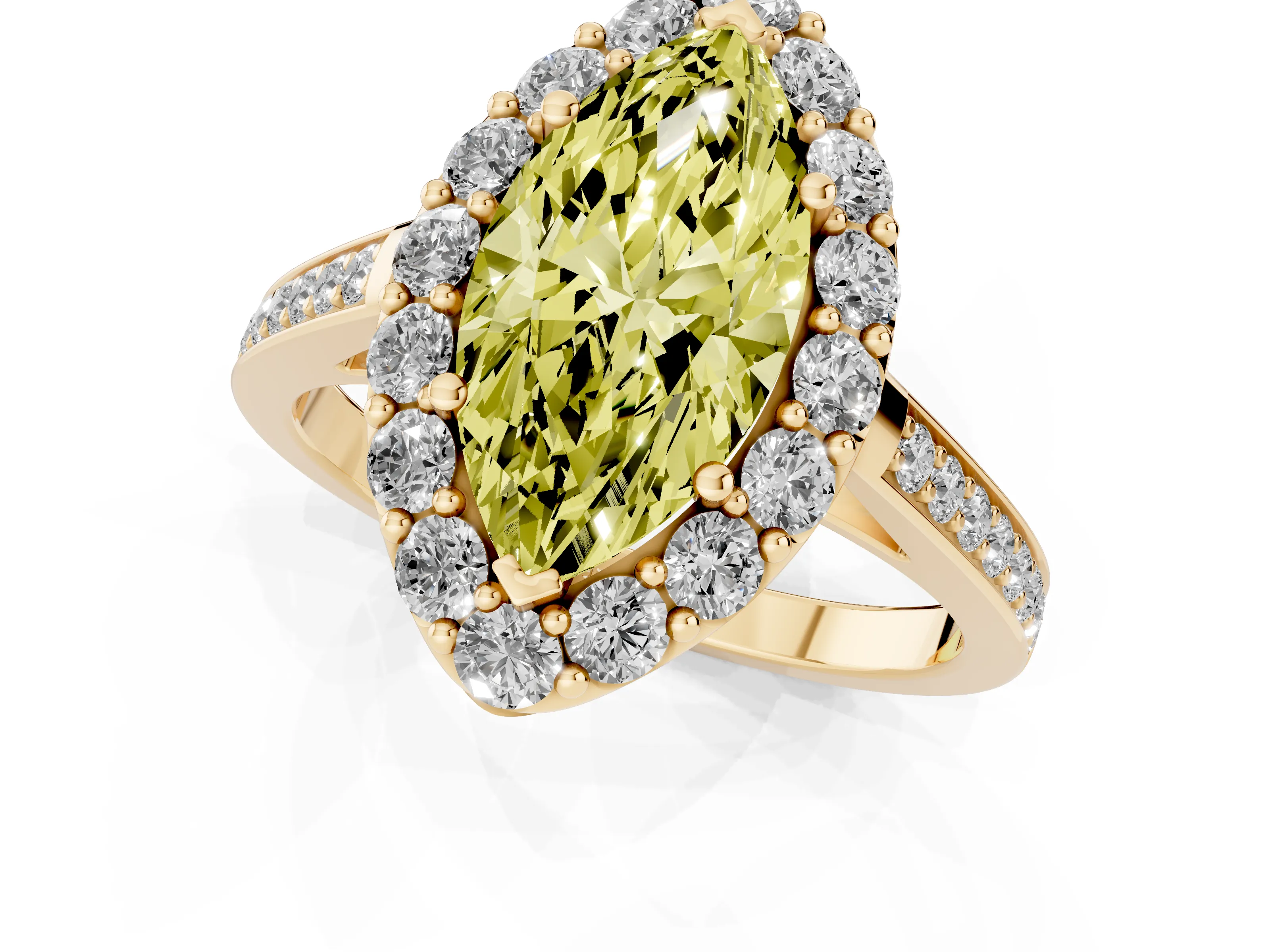 Fancy Yellow Marquise Cut Diamond Floral Halo Ring Set in Yellow gold with Pavé Band and Prong Setting
