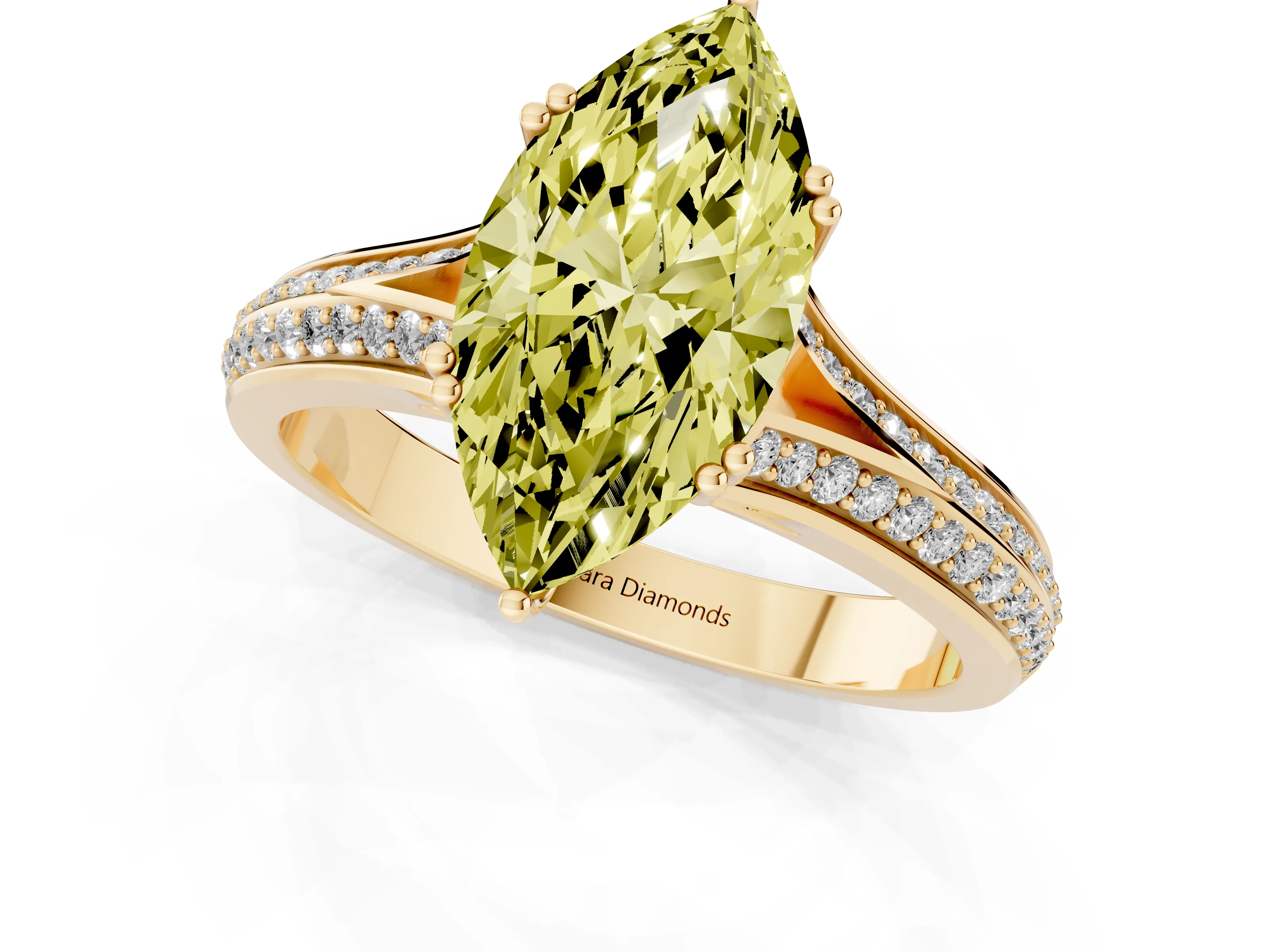 Fancy Yellow Marquise Cut Diamond Split Shank Pavé Engagement Ring Set in Yellow gold with Prong-Set Center Stone