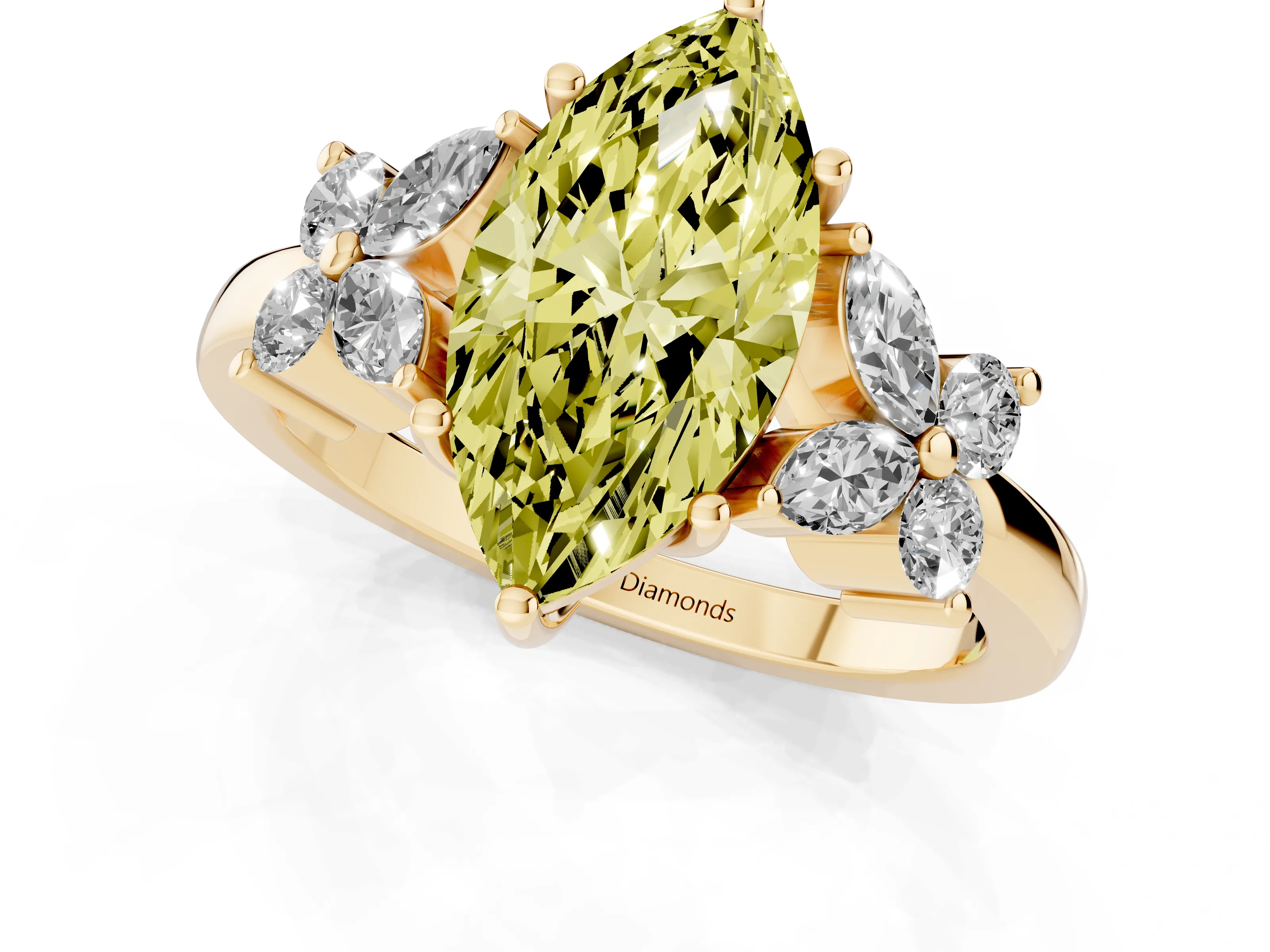 Fancy Yellow Marquise Cut Diamond Floral Cluster Ring Set in Yellow gold with Marquise Petals and Prong Setting