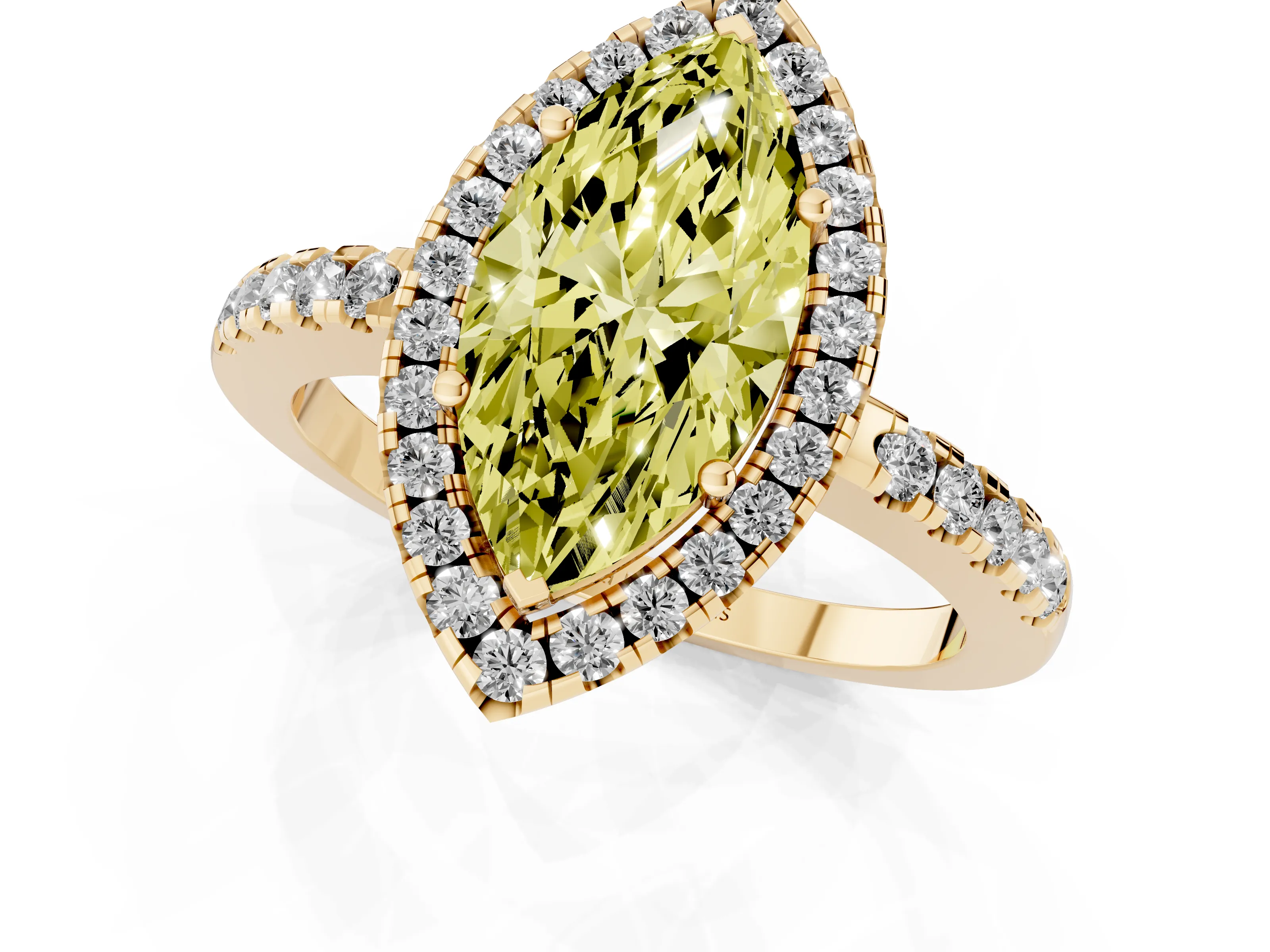 Fancy Yellow Marquise Cut Diamond Pavé Band Halo Engagement Ring Set in Yellow gold with Prong Setting