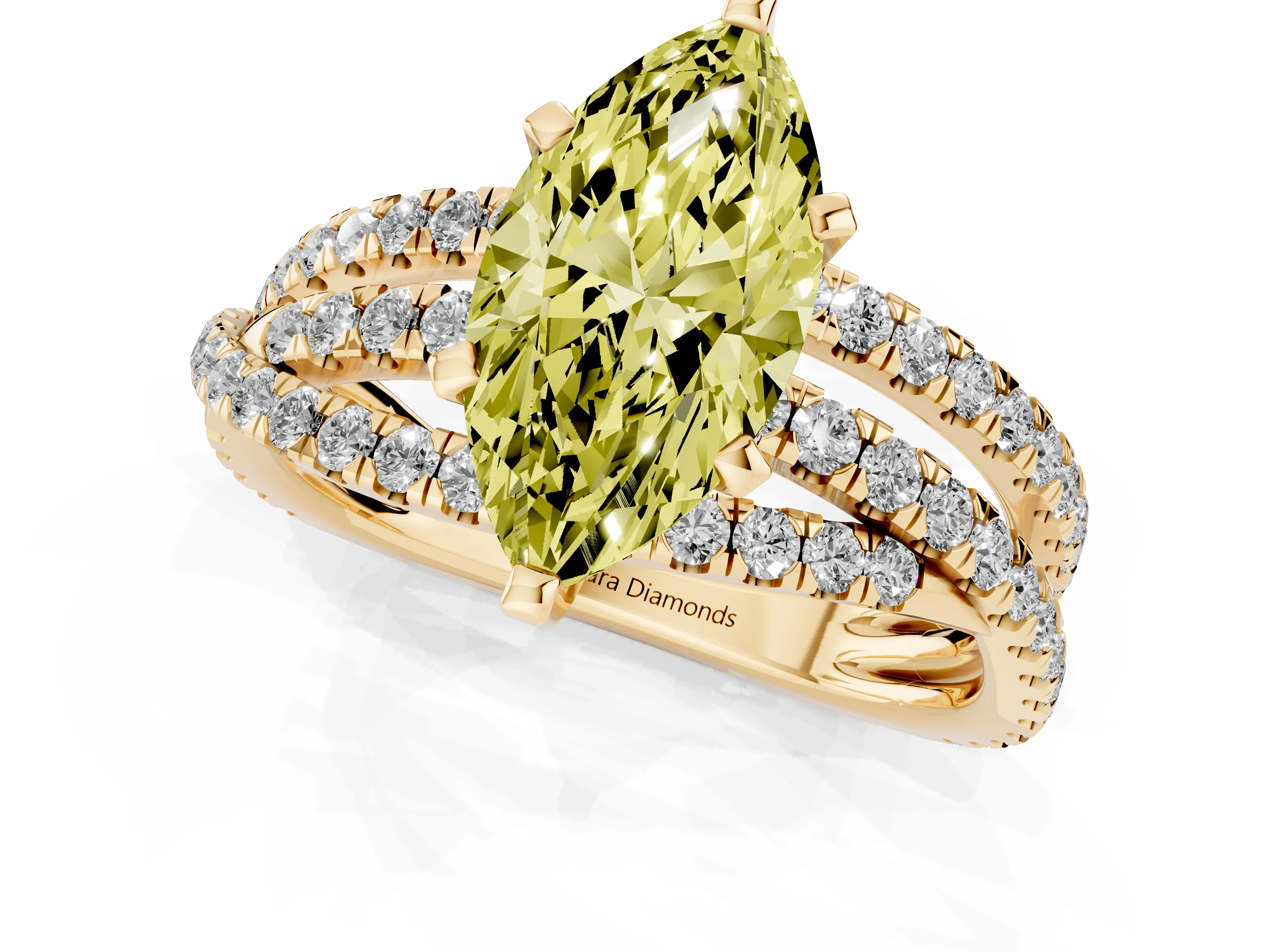 Fancy Yellow Marquise Cut Diamond Solitaire Twist Band Ring Set in Yellow gold with Pavé Setting and Prong Head