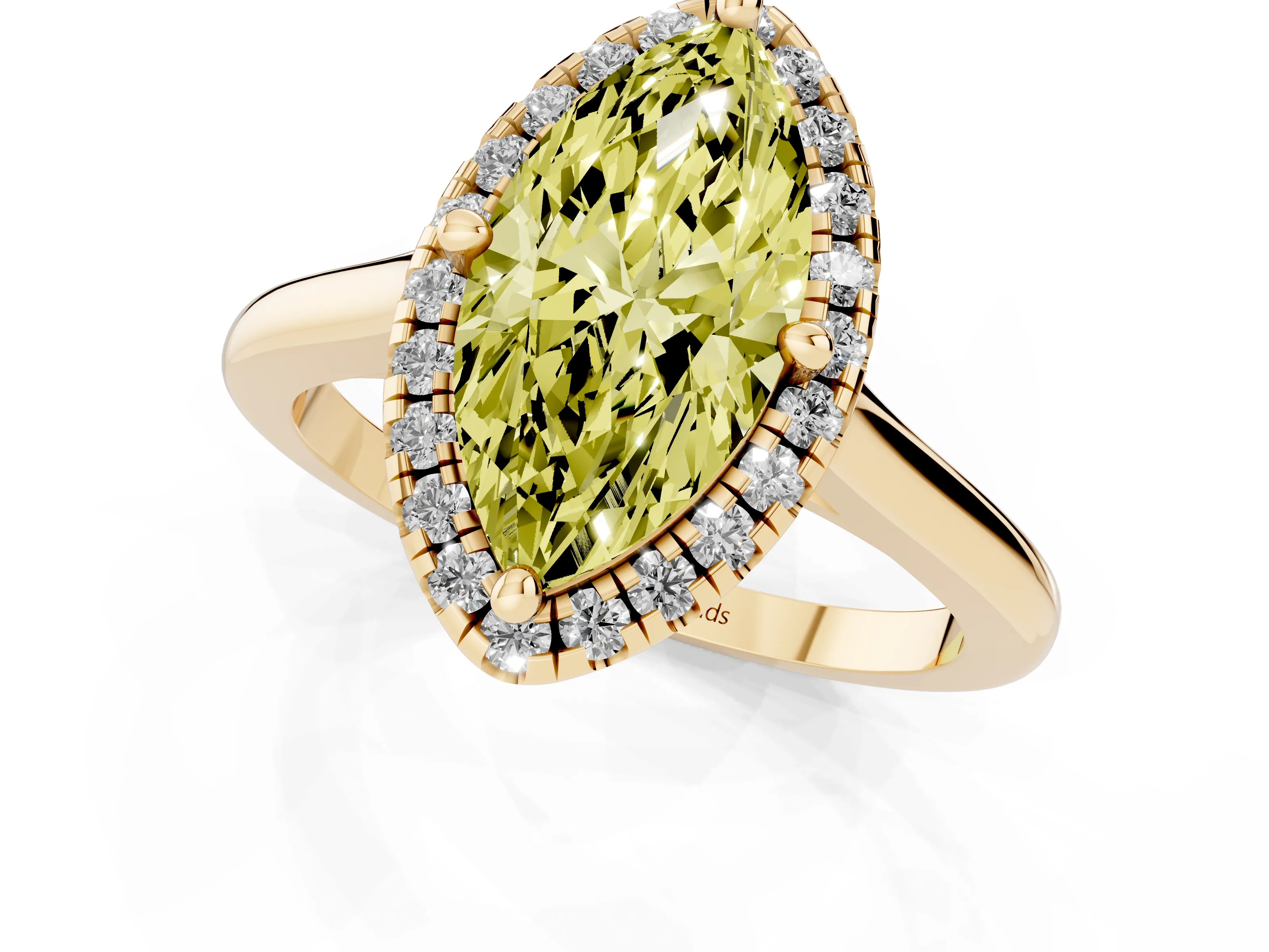 Fancy Yellow Marquise Cut Diamond Halo Engagement Ring Set in Yellow gold with Pavé Band and Rising Shoulders