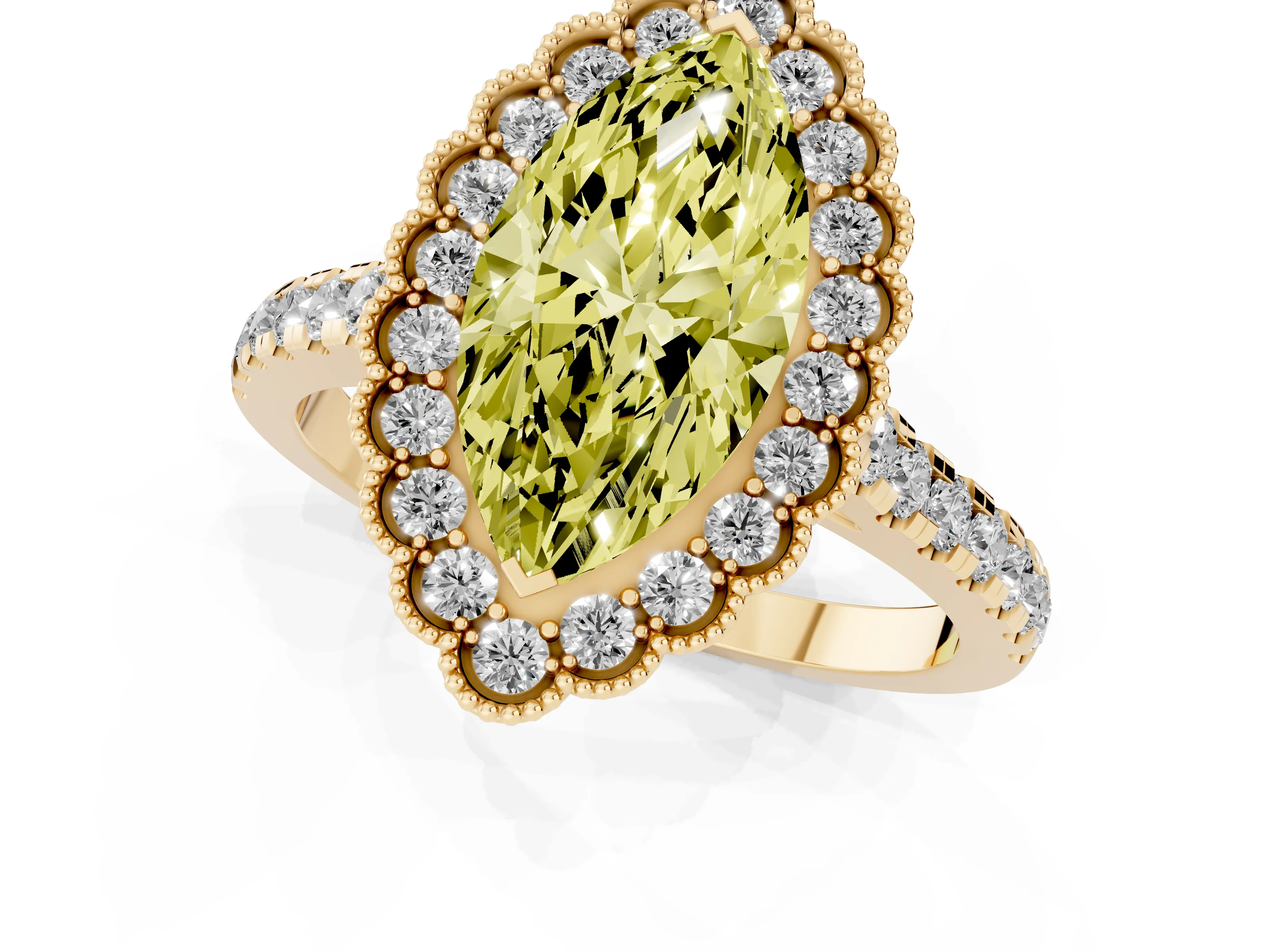 Fancy Yellow Marquise Cut Diamond Milgrain Floral Halo Engagement Ring Set in Yellow gold with Pavé Band