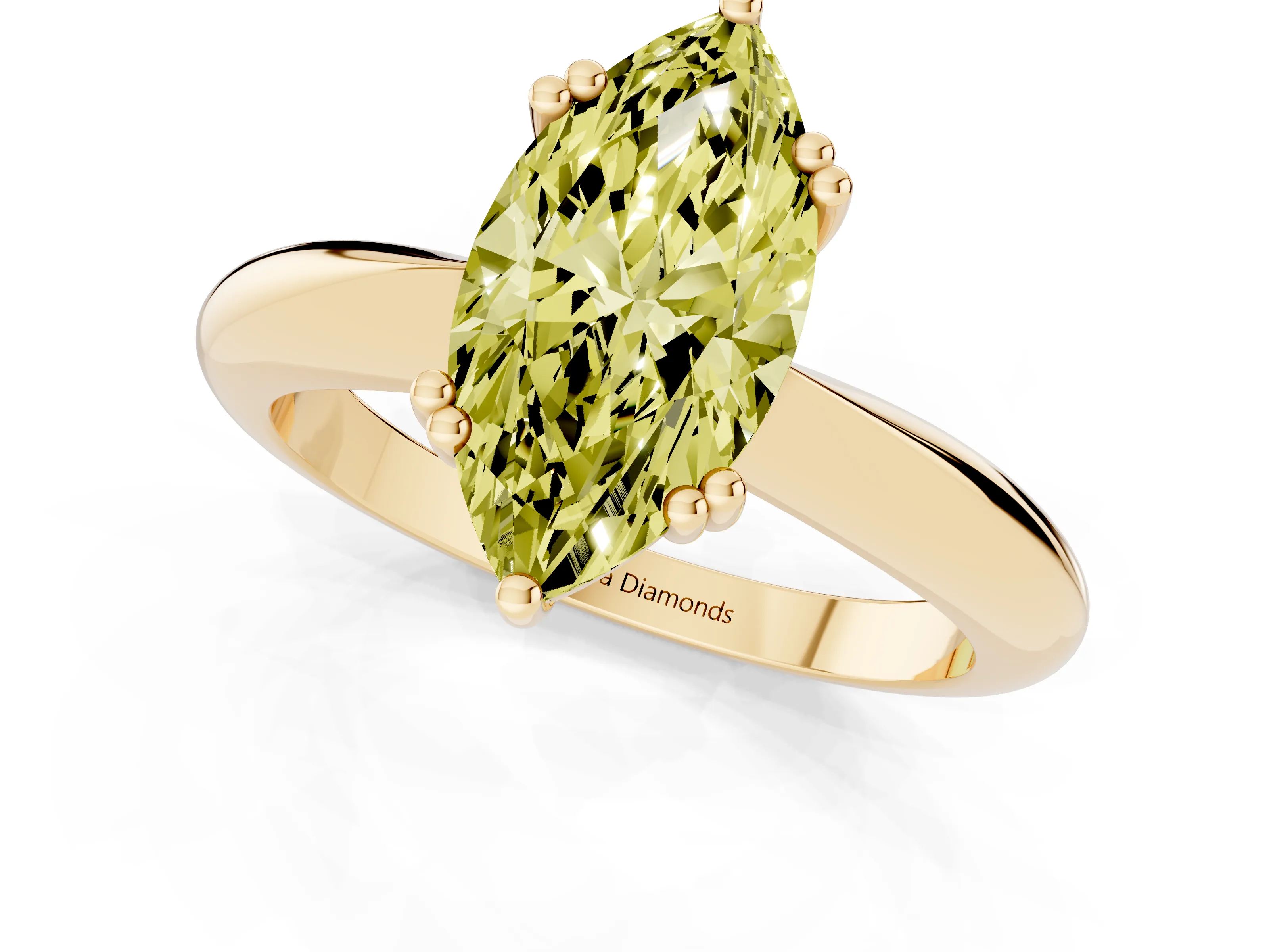 Fancy Yellow Marquise Cut Diamond Solitaire Engagement Ring Set in Yellow gold with Tapered Band and Prong Setting