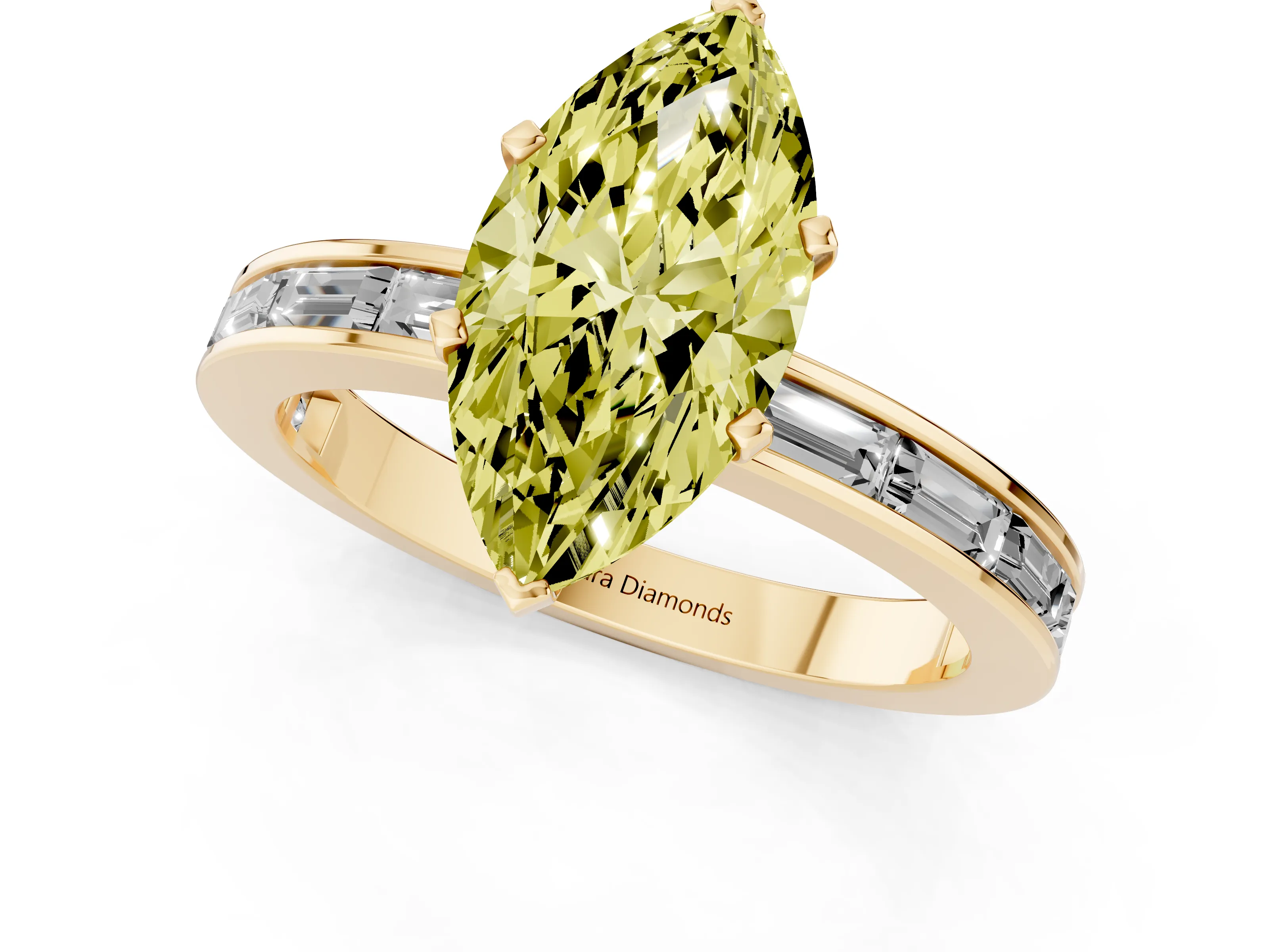 Fancy Yellow Marquise Cut Diamond Solitaire Ring Set in Yellow gold with Channel-Set Baguette Band and Prong Setting