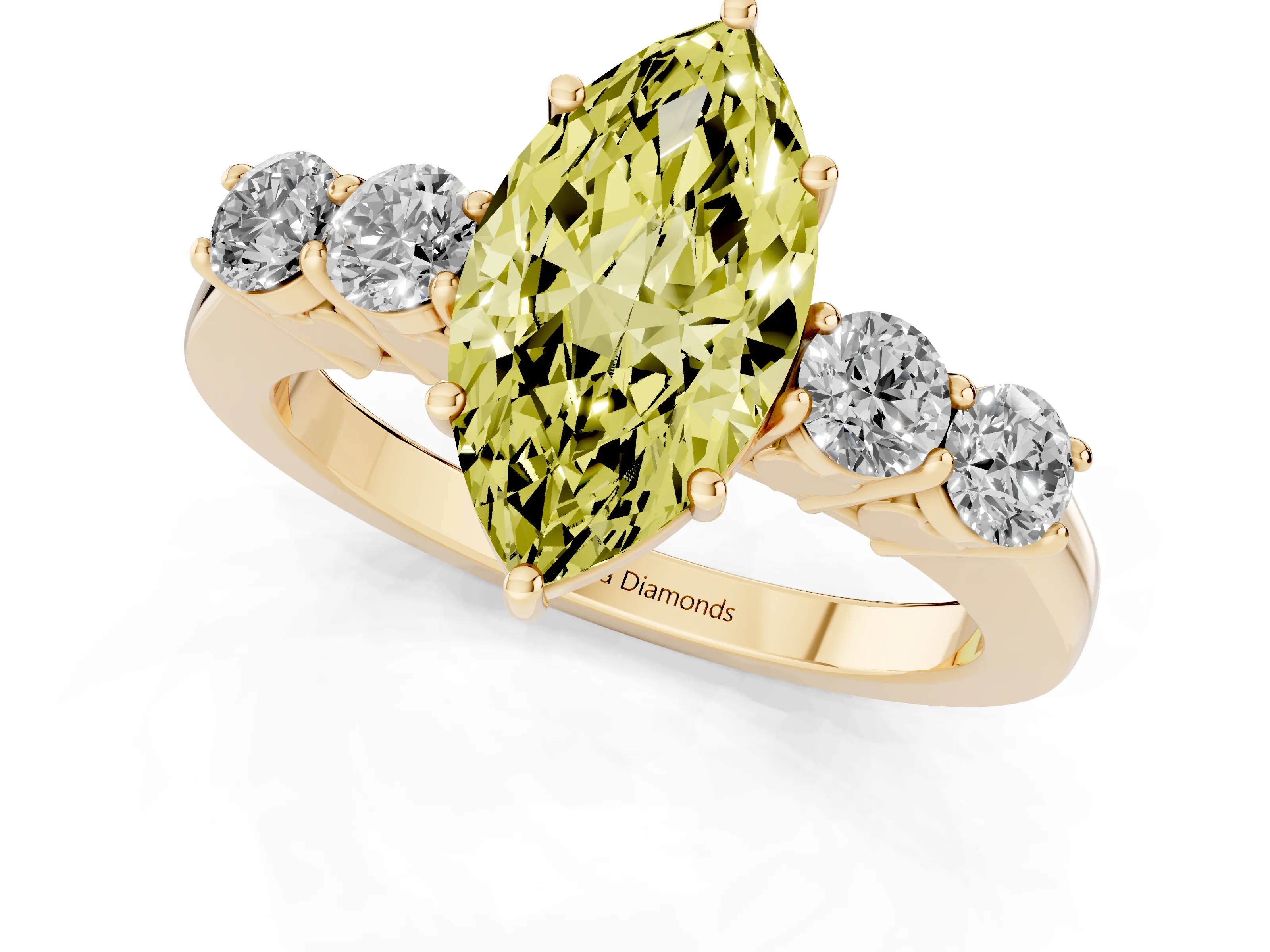 Fancy Yellow Marquise Cut Diamond Five-Stone Prong Set Band Ring Set in Yellow gold with Polished Band