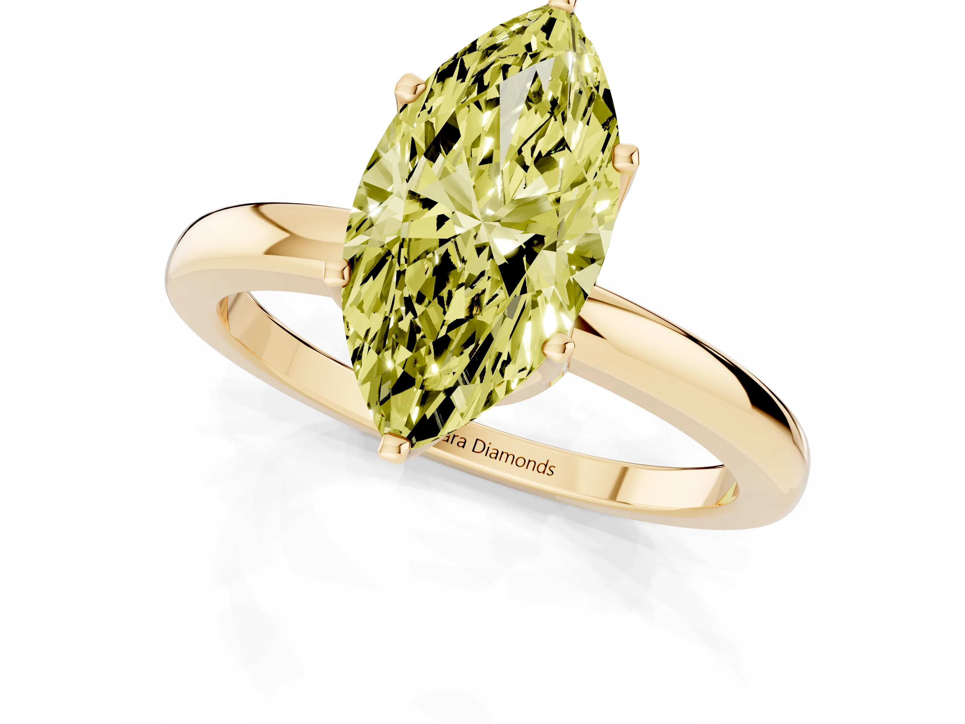 Fancy Yellow Marquise Cut Diamond Solitaire Ring Set in Yellow gold with Raised Prong Setting on a Classic Band