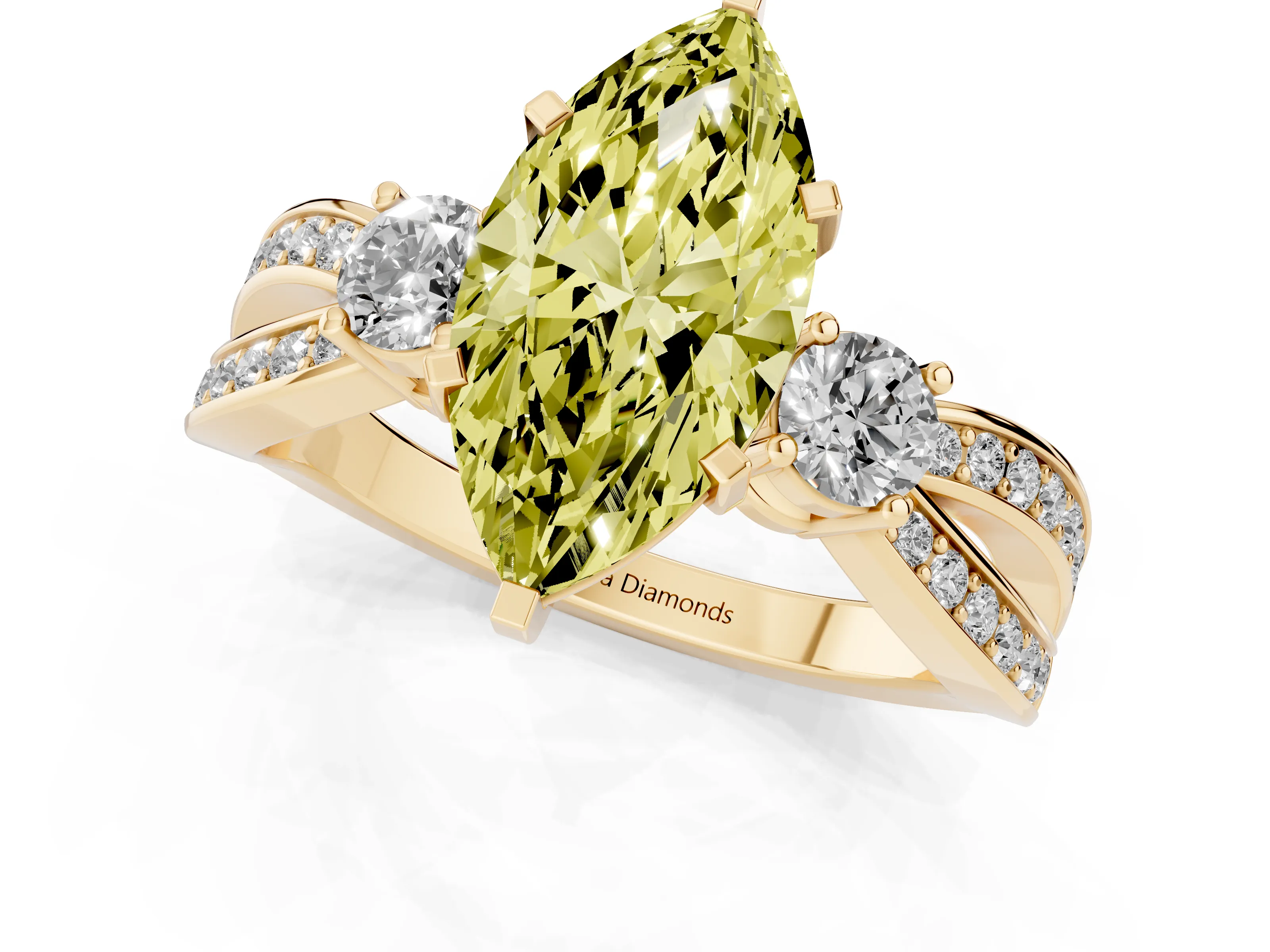Fancy Yellow Three-Stone Marquise Cut Diamond Twist Band Ring Set in Yellow gold with Pavé Accents and Prong Setting