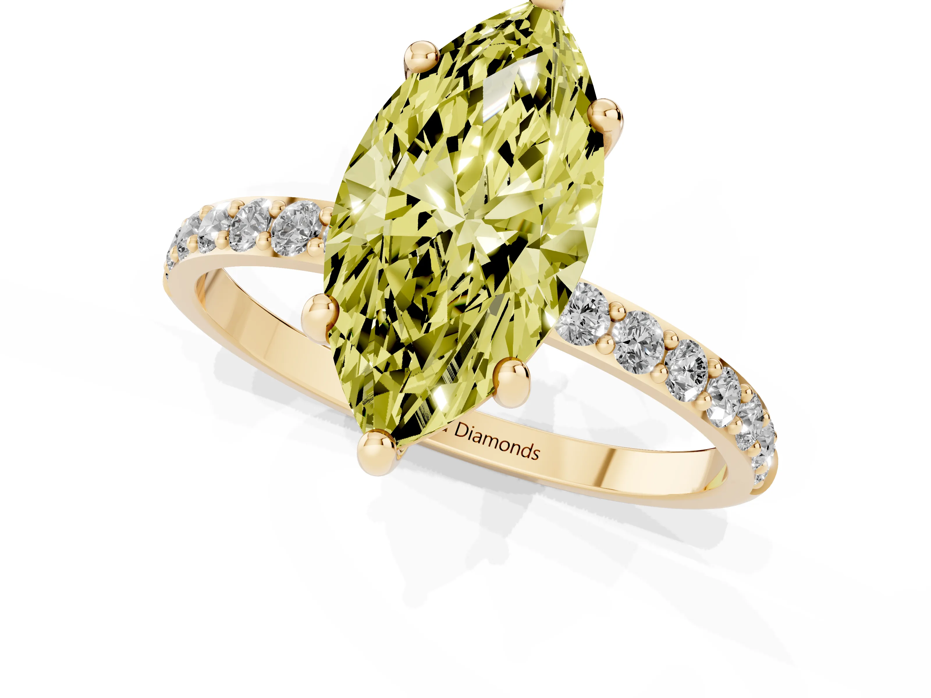 Fancy Yellow Marquise Cut Diamond Solitaire Ring Set in Yellow gold with Round Pavé Band and Prong Setting