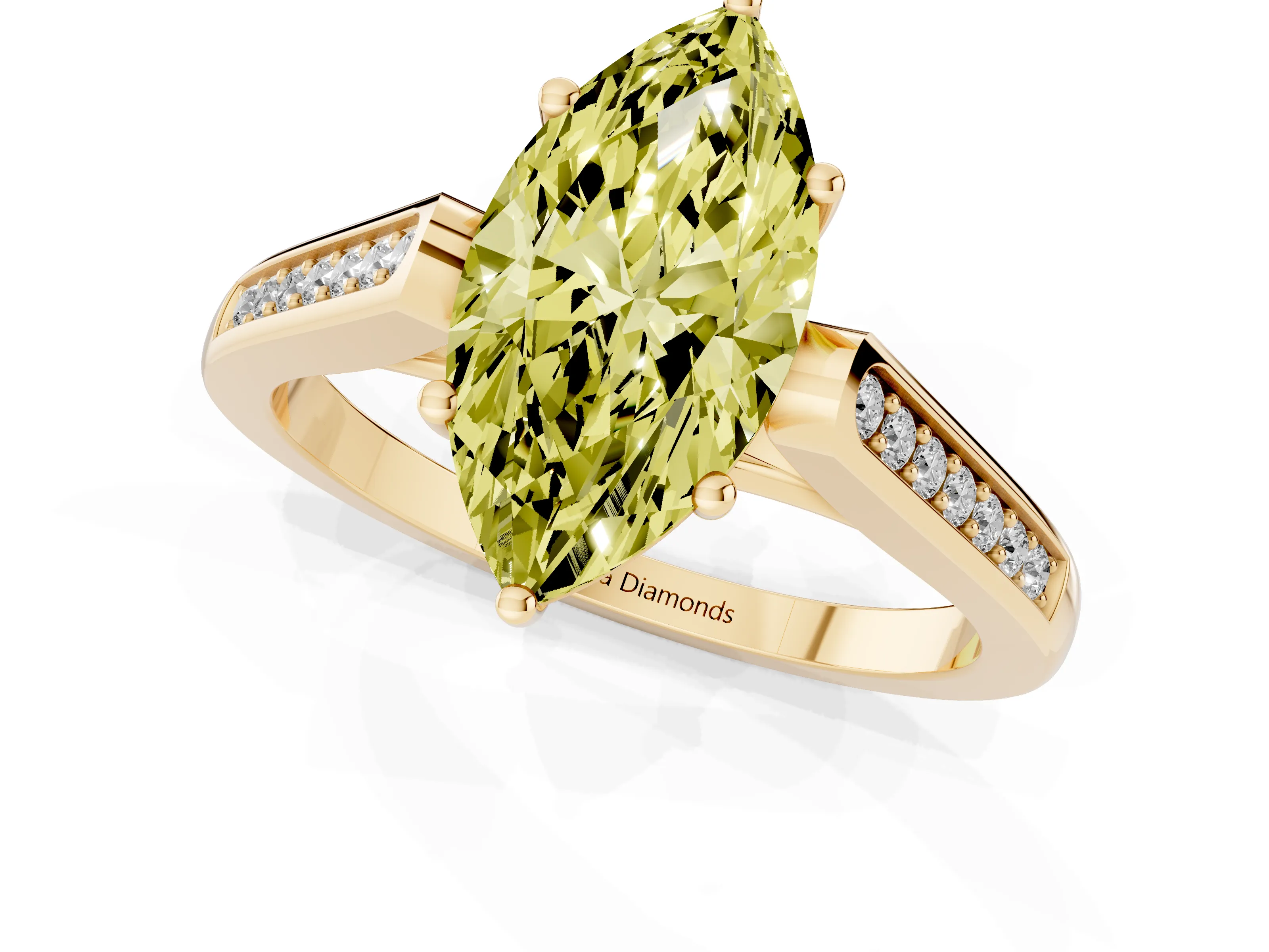 Fancy Yellow Marquise Cut Diamond Solitaire Cathedral Engagement Ring Set in Yellow gold with Channel-Set Band and Prong Setting