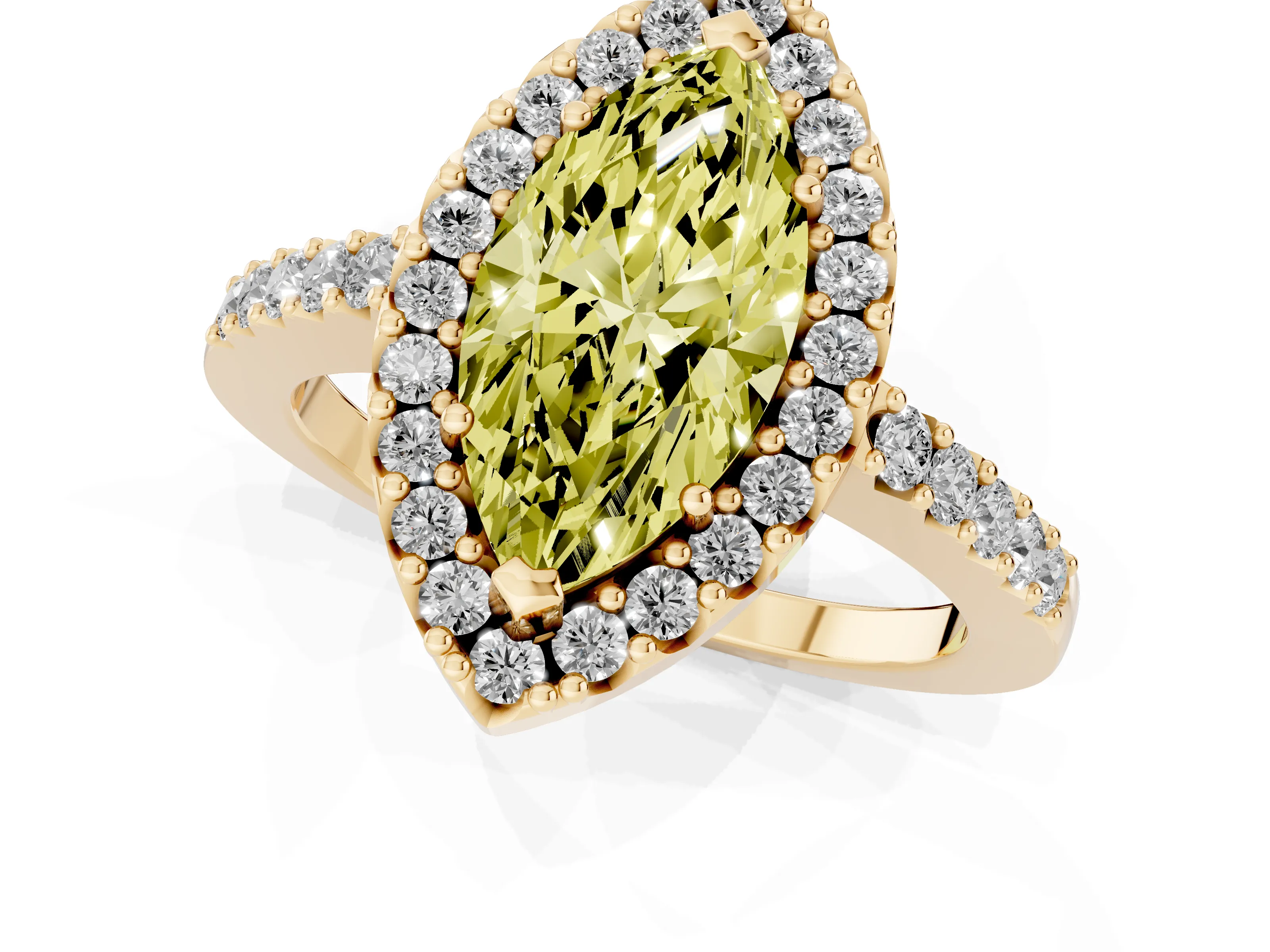 Fancy Yellow Marquise Cut Diamond Halo Pavé Solitaire Ring Set in Yellow gold with Prong-Set Center Stone