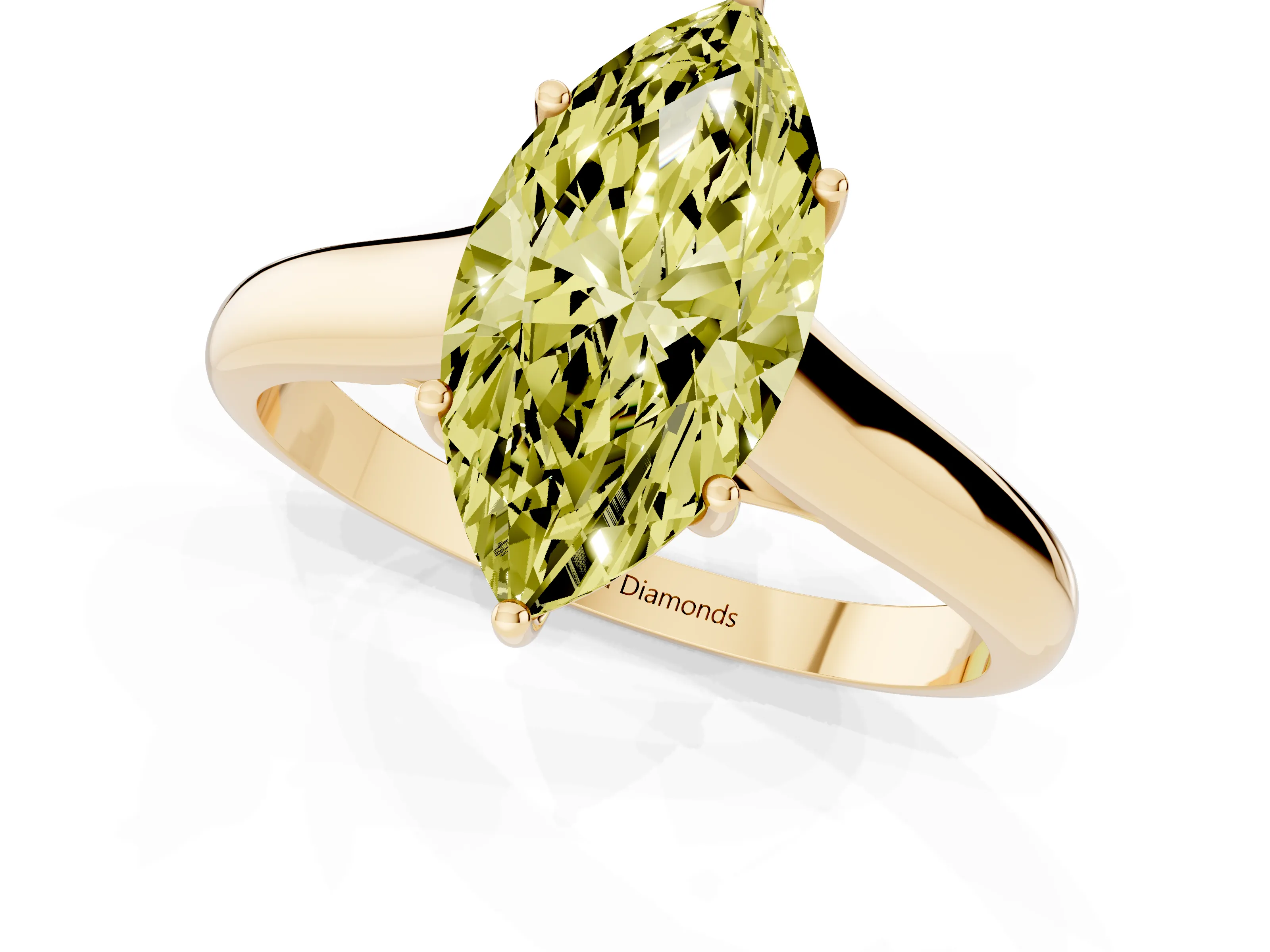 Fancy Yellow Marquise Cut Diamond Solitaire Engagement Ring Set in Yellow gold with Subtly Tapered Band and Prong Setting