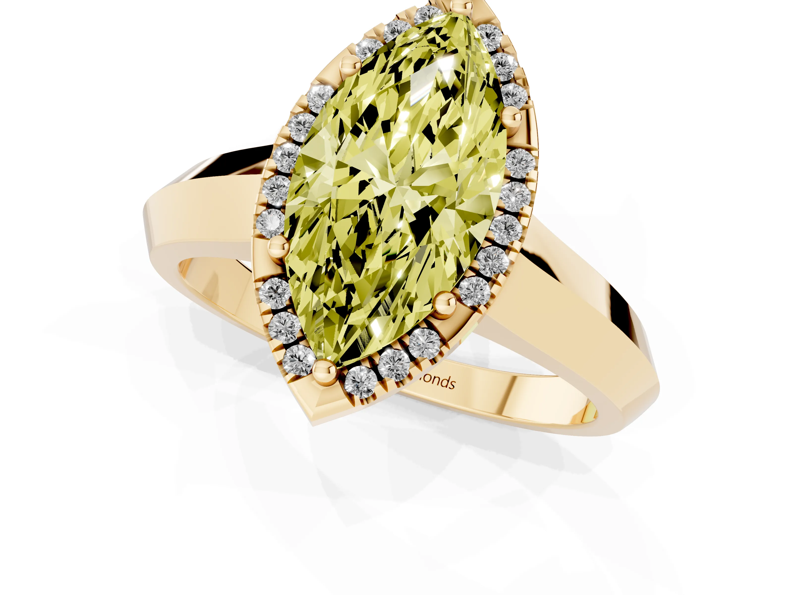 Fancy Yellow Marquise Cut Diamond Halo Ring Set in Yellow gold with Cathedral Band and Prong Setting