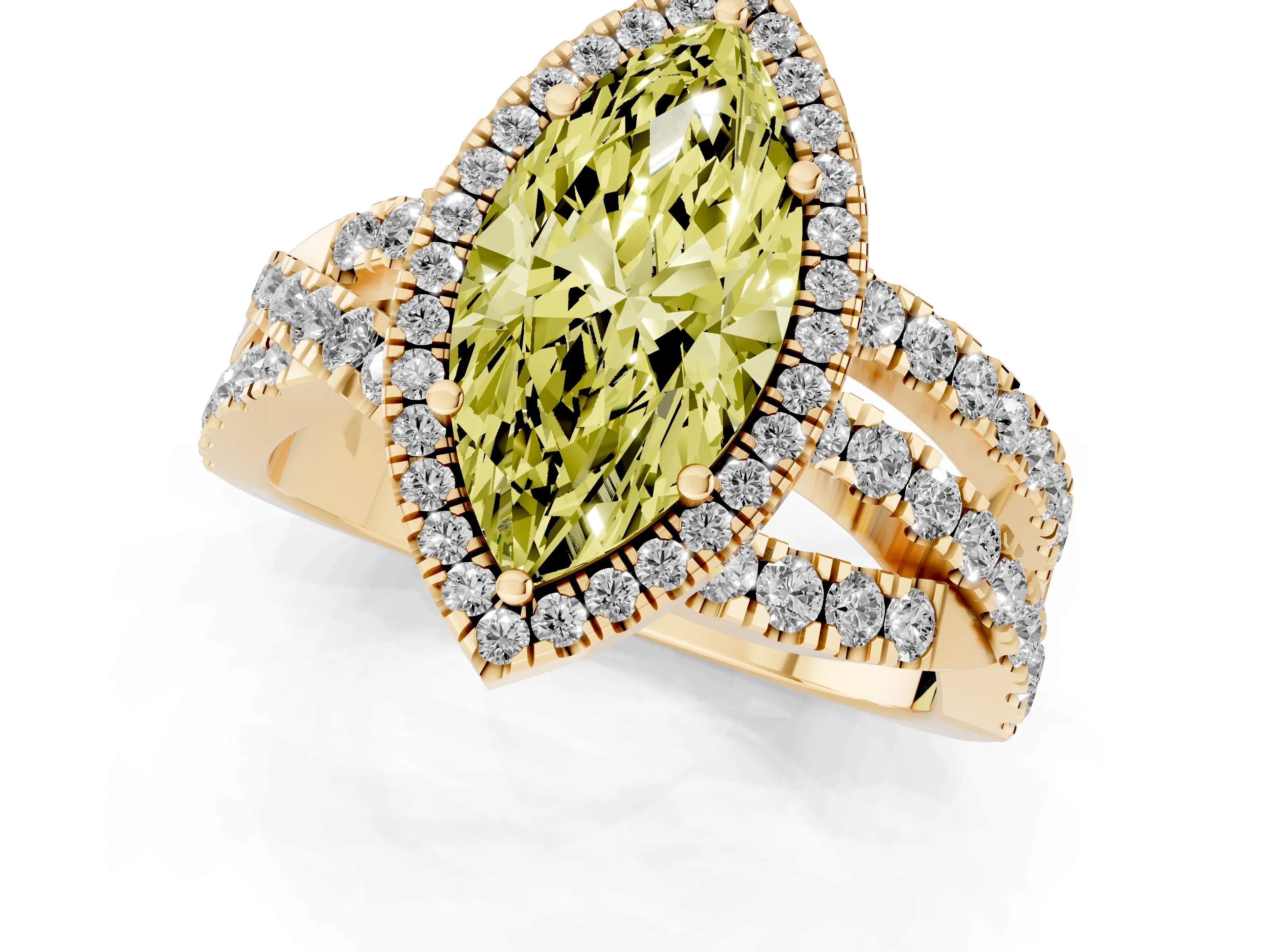 Fancy Yellow Marquise Cut Diamond Halo Ring Set in Yellow gold with Round Crossover Split Shank and Prong Setting – second view