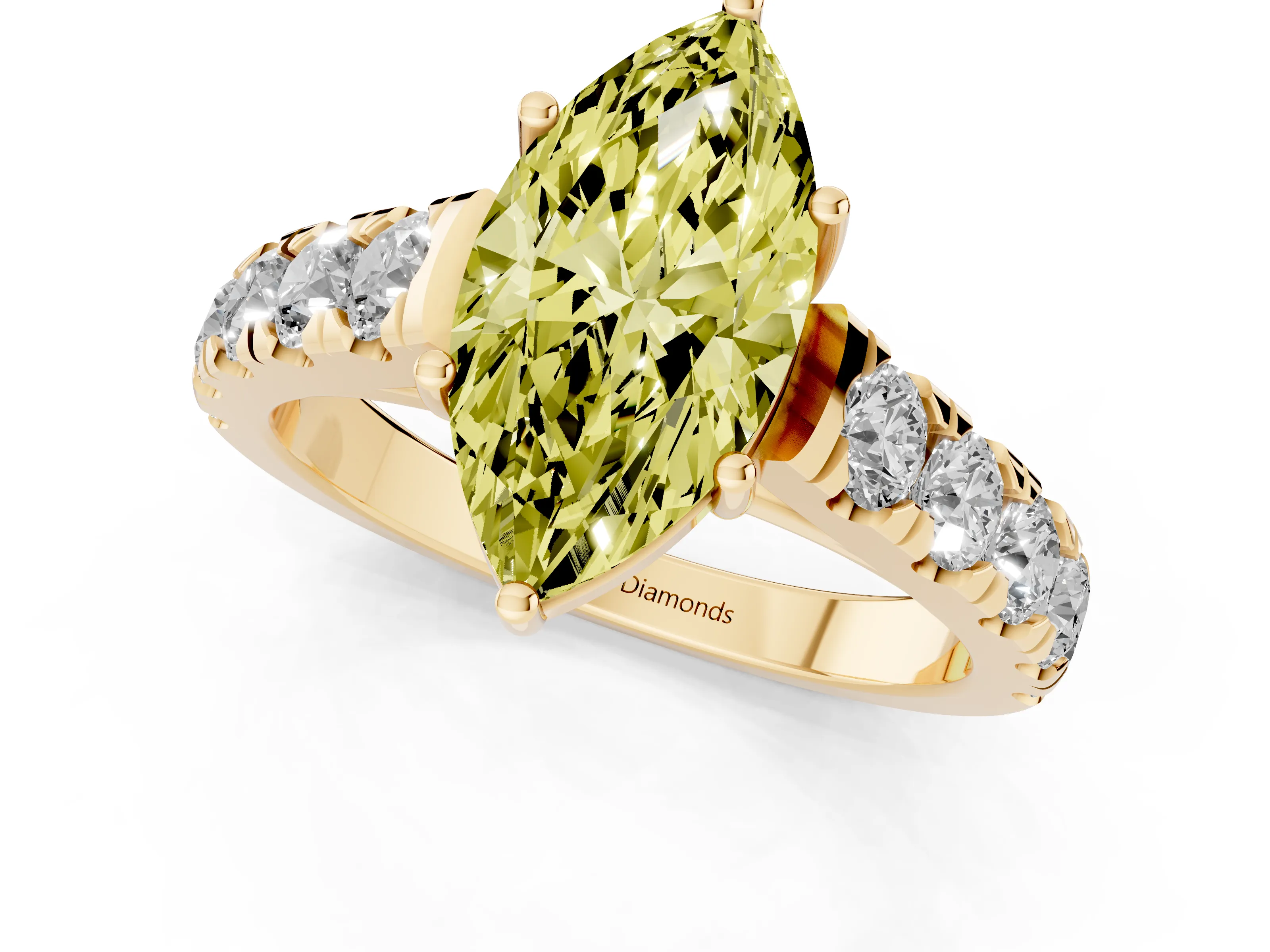 Fancy Yellow Marquise Cut Diamond Solitaire Ring Set in Yellow gold with Cut-Down Micro Pavé Band and Prong Setting