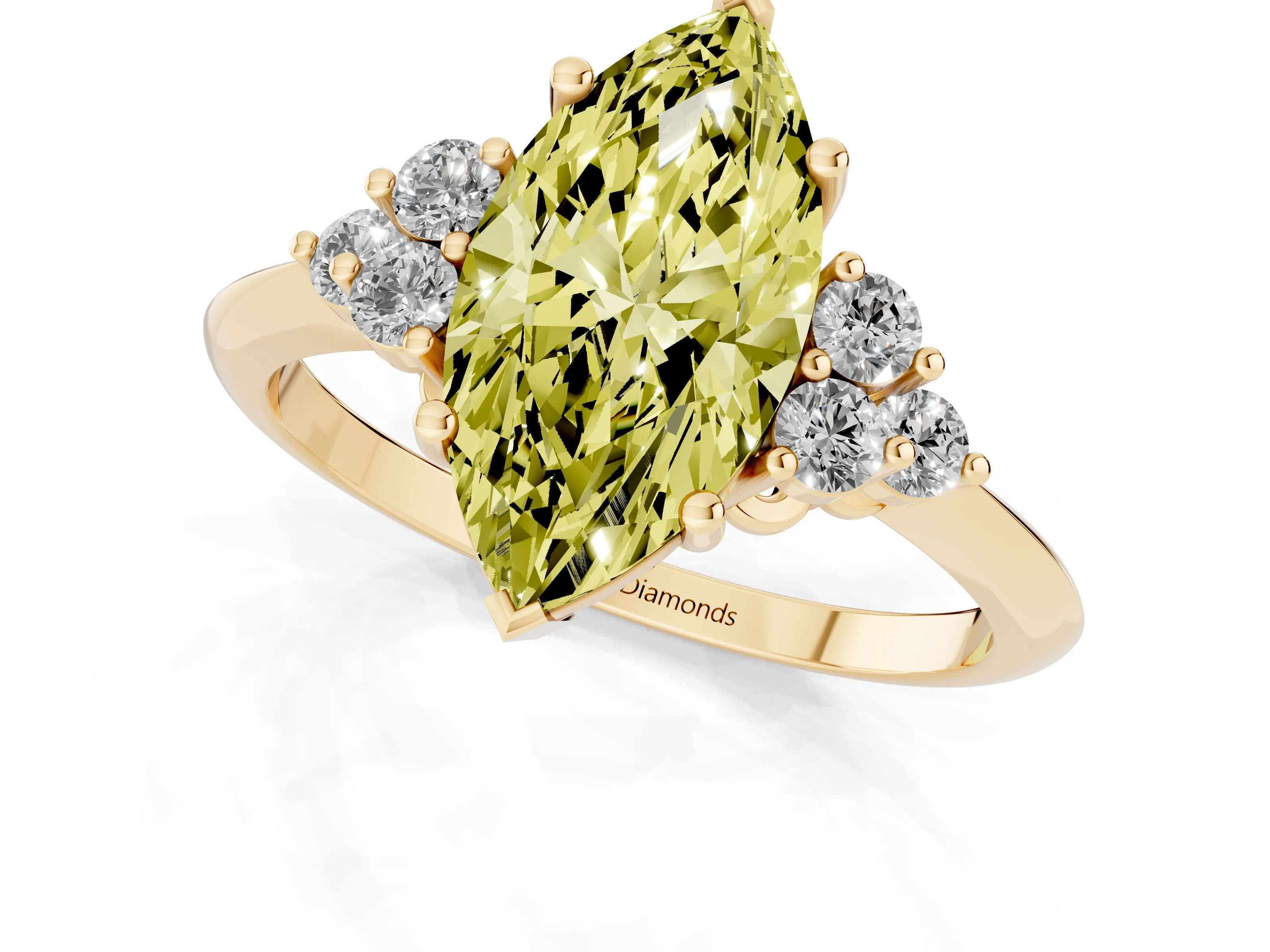 Fancy Yellow Marquise Cut Diamond Cluster Ring Set in Yellow gold with Plain Band and Prong Setting
