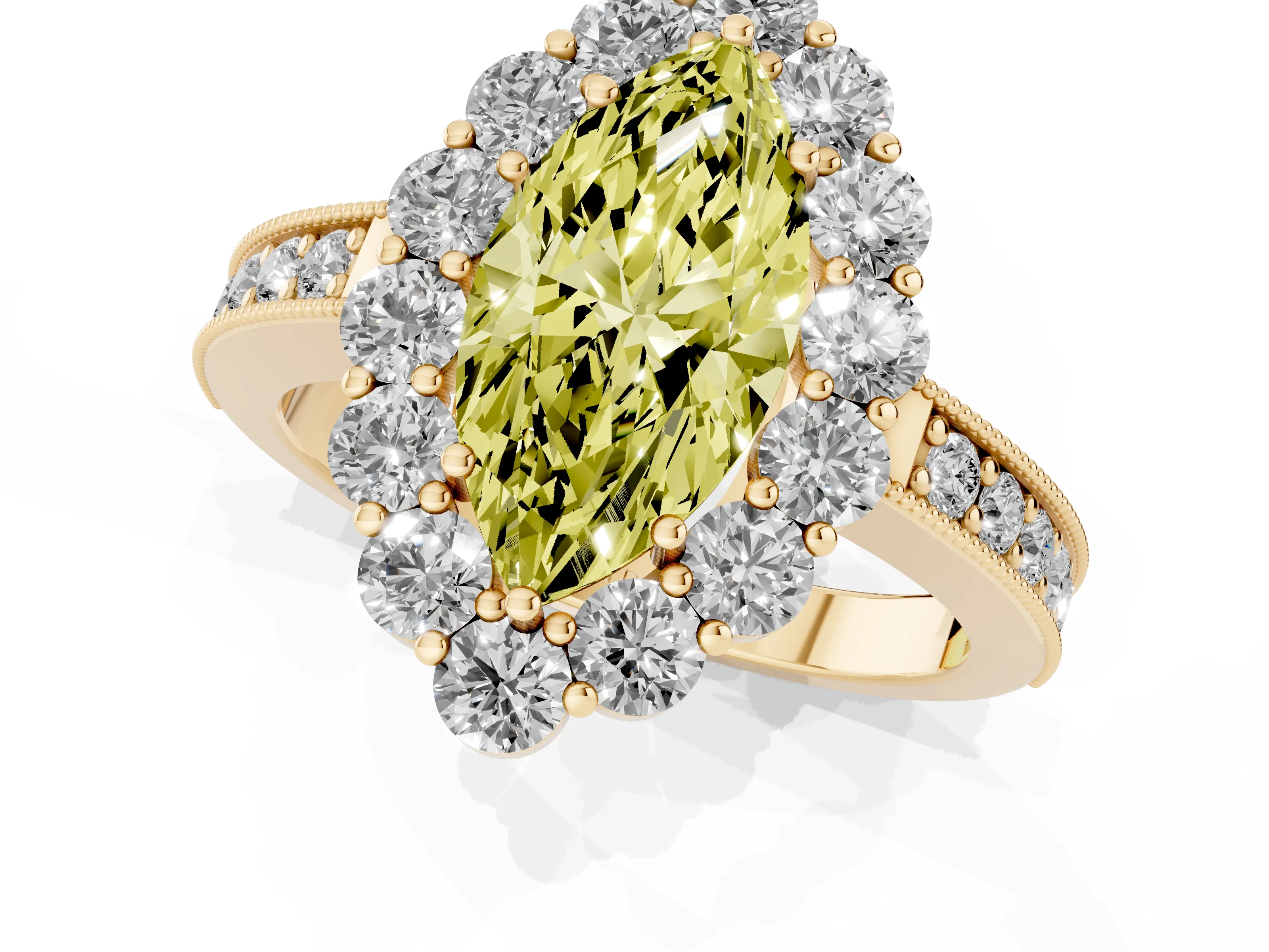 Fancy Yellow Marquise Cut Diamond Halo Pavé Engagement Ring Set in Yellow gold with Milgrain Detailing
