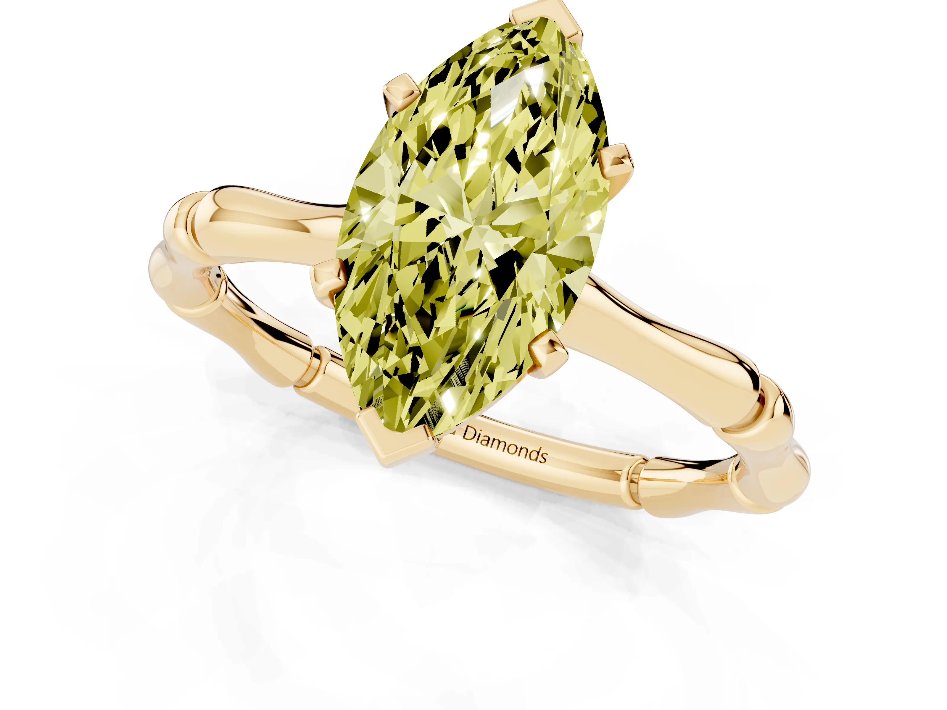 Fancy Yellow Marquise Cut Diamond Solitaire Ring Set in Yellow gold with Bamboo Band and Prong Setting