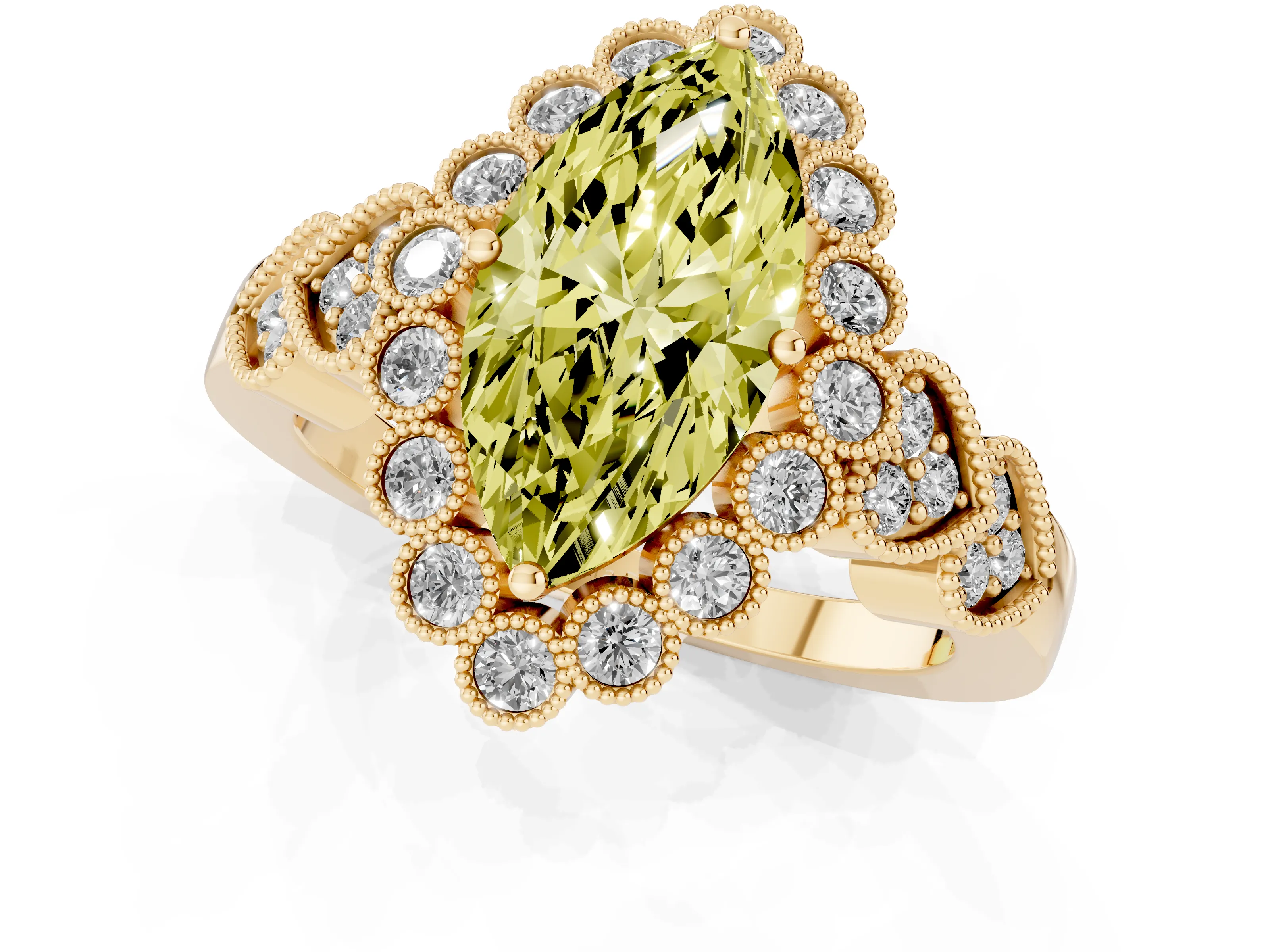 Fancy Yellow Marquise Cut Diamond Solitaire Ring Set in Yellow gold with Milgrain Pavé Heart Band