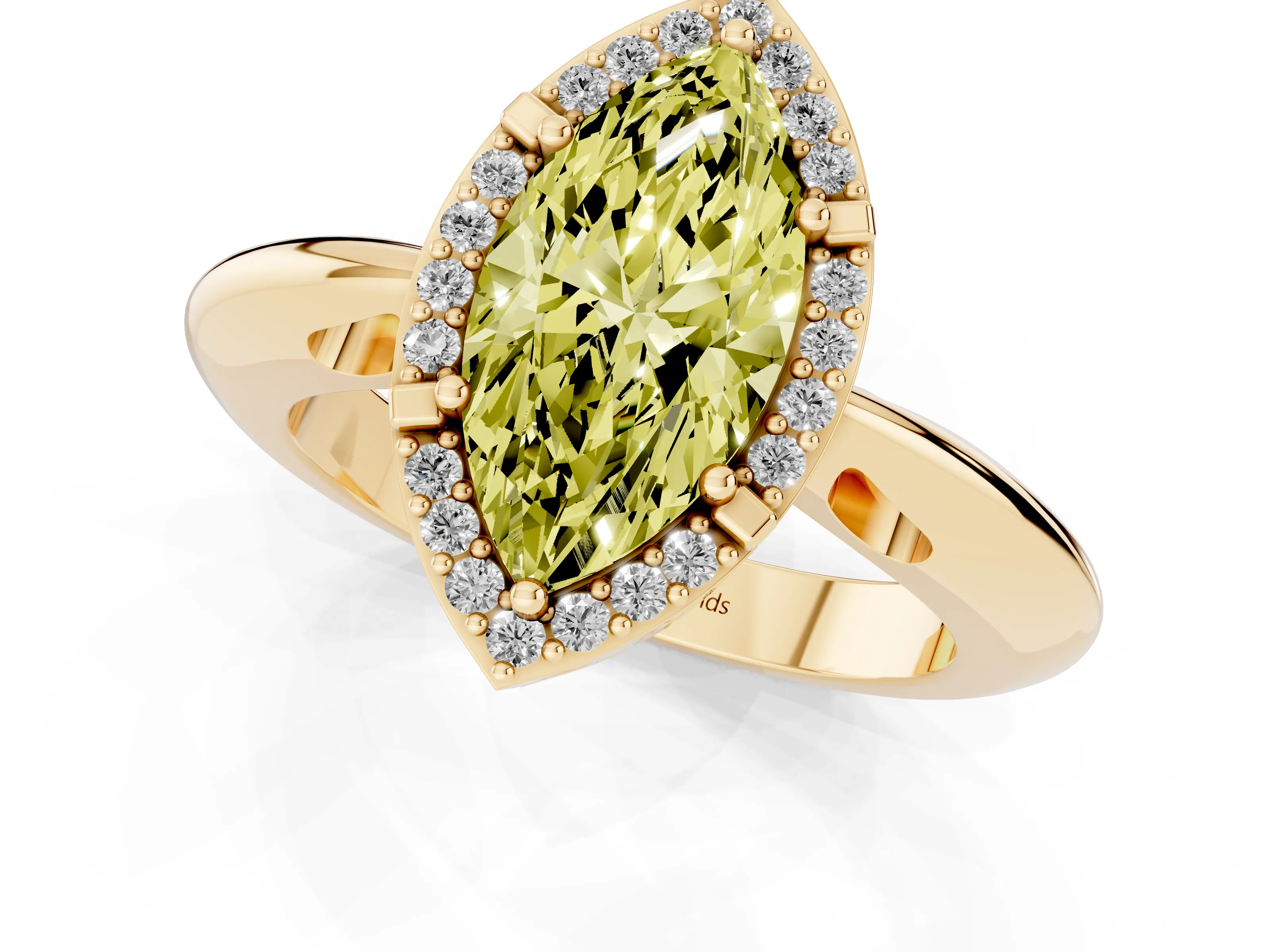 Fancy Yellow Marquise Cut Diamond Halo Engagement Ring Set in Yellow gold with Plain Split Shank and Prong Setting