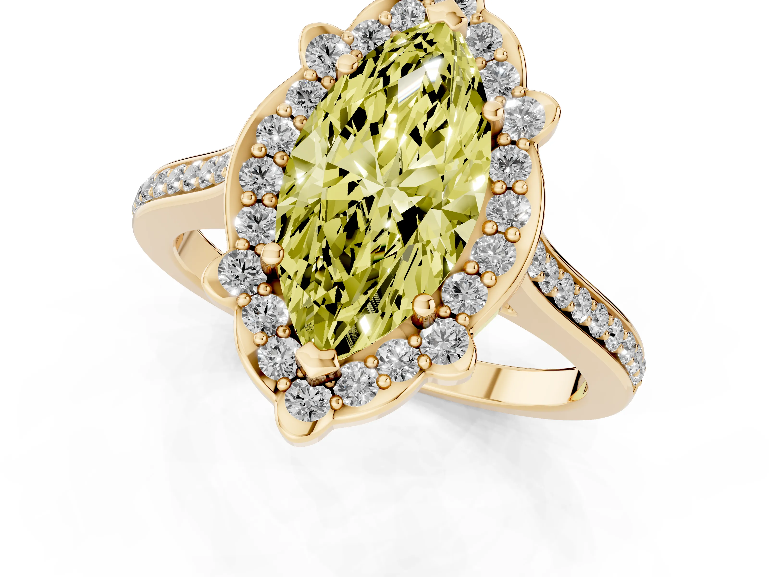 Fancy Yellow Marquise Cut Diamond Halo Ring Set in Yellow gold with Pavé-Lined Shoulders and Prong Setting