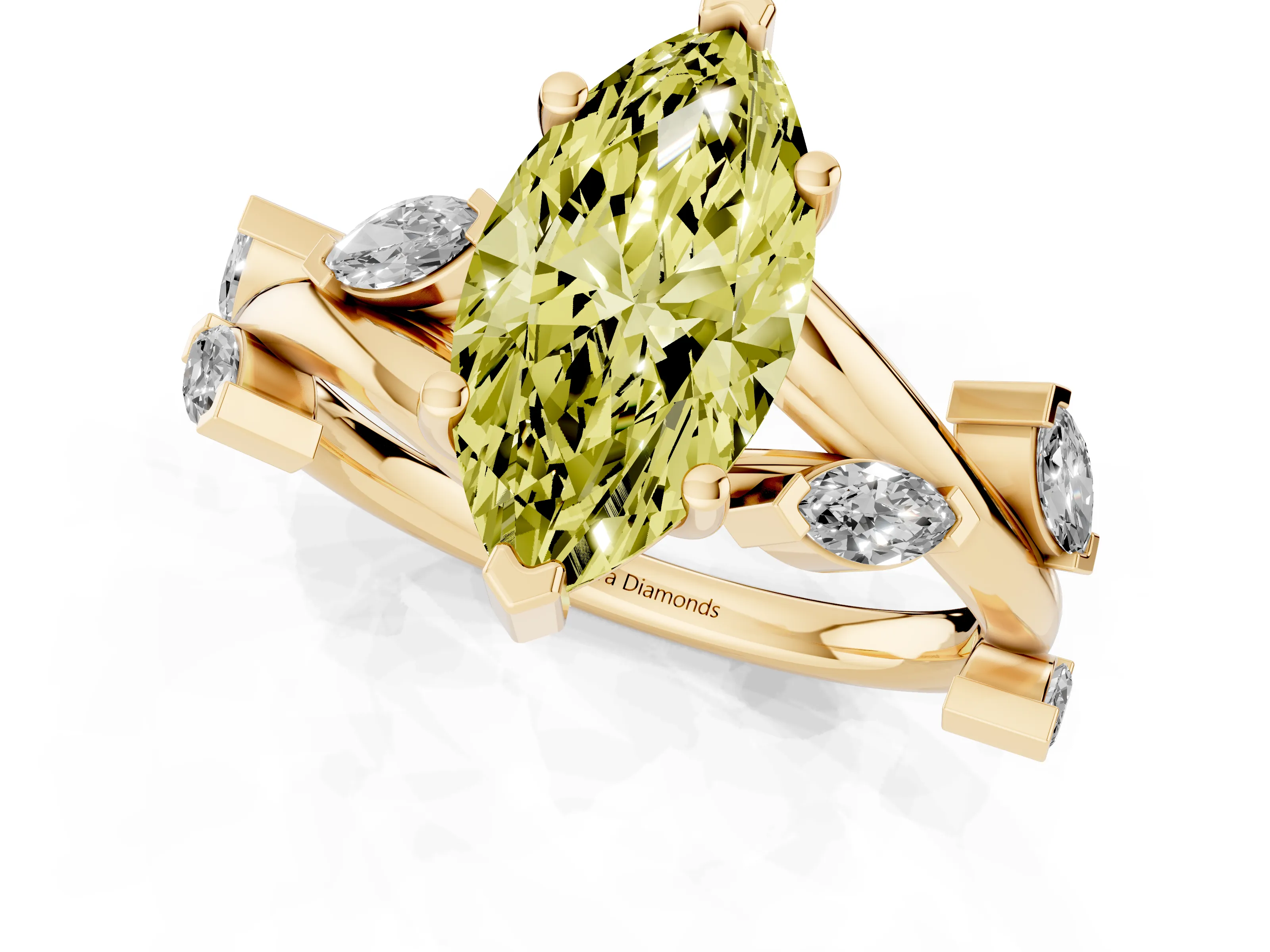 Fancy Yellow Marquise Cut Diamond Solitaire Ring Set in Yellow gold with Twisted Marquise Accent Band