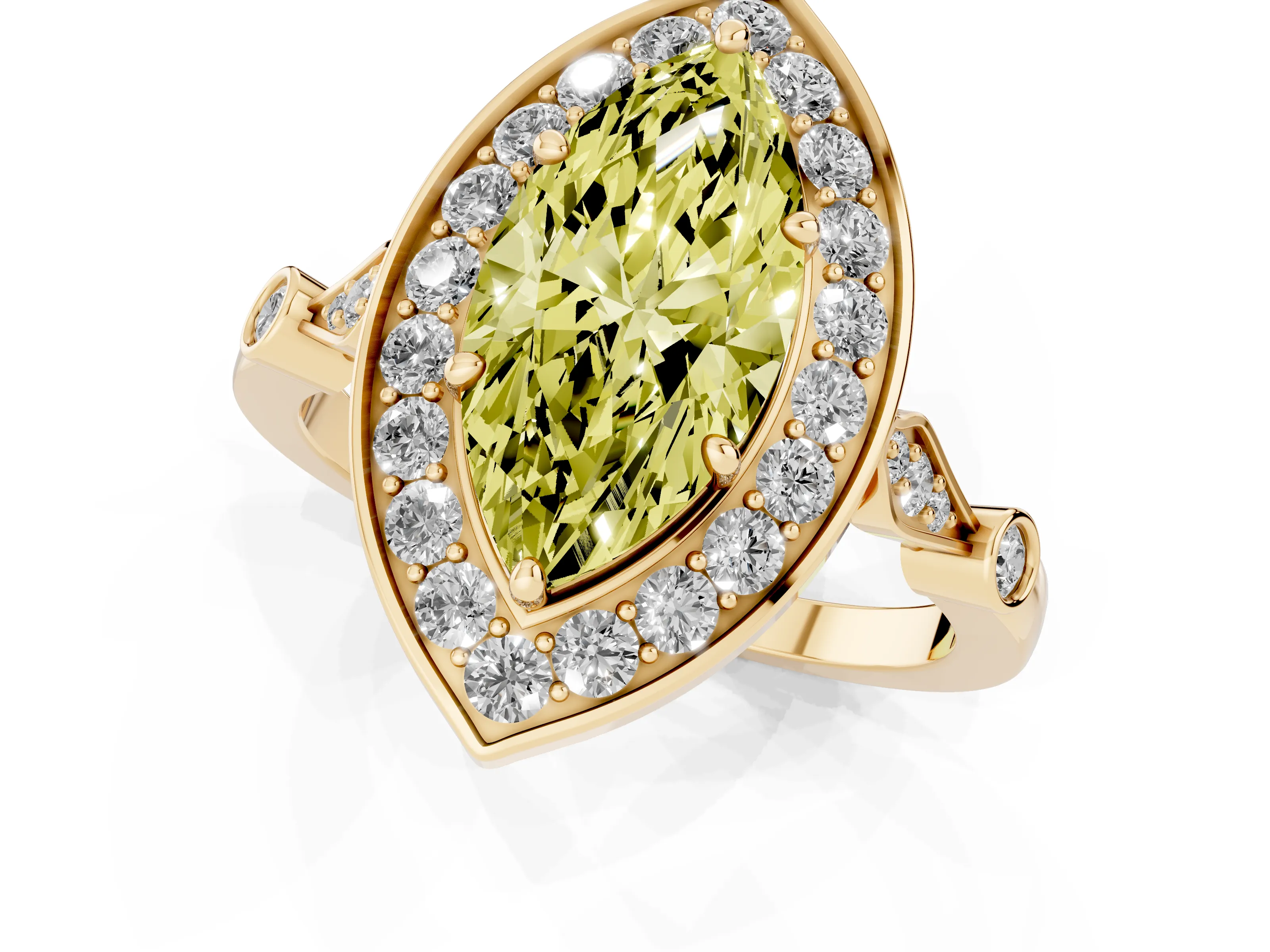 Fancy Yellow Marquise Cut Diamond Halo Engagement Ring Set in Yellow gold with Twisted Band and Prong Setting