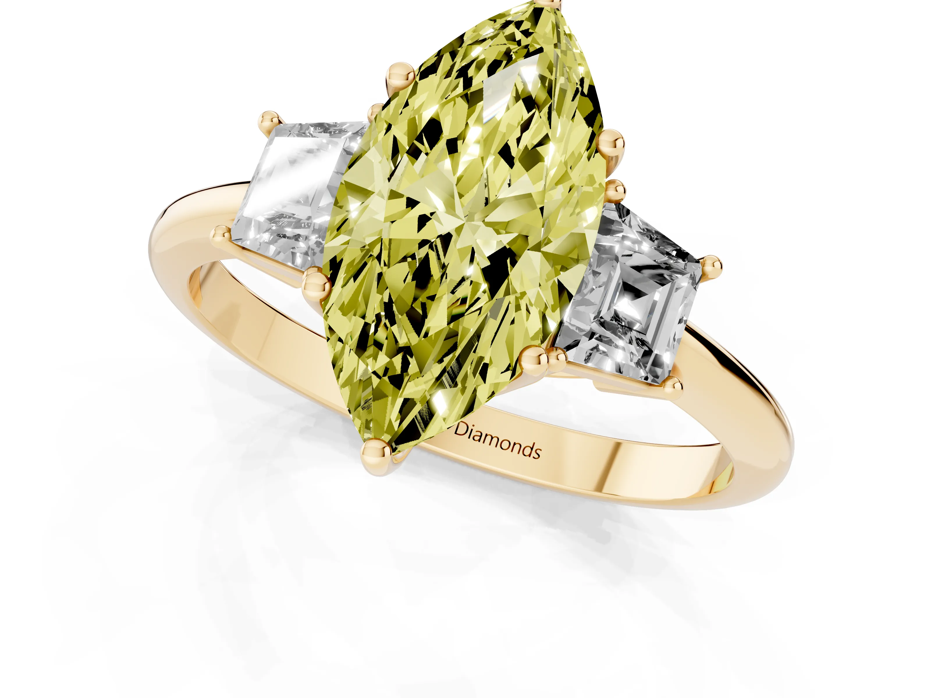 Fancy Yellow Marquise Cut Diamond Three-Stone Ring Set in Yellow gold with Trapezoid Side Stones and Prong Setting
