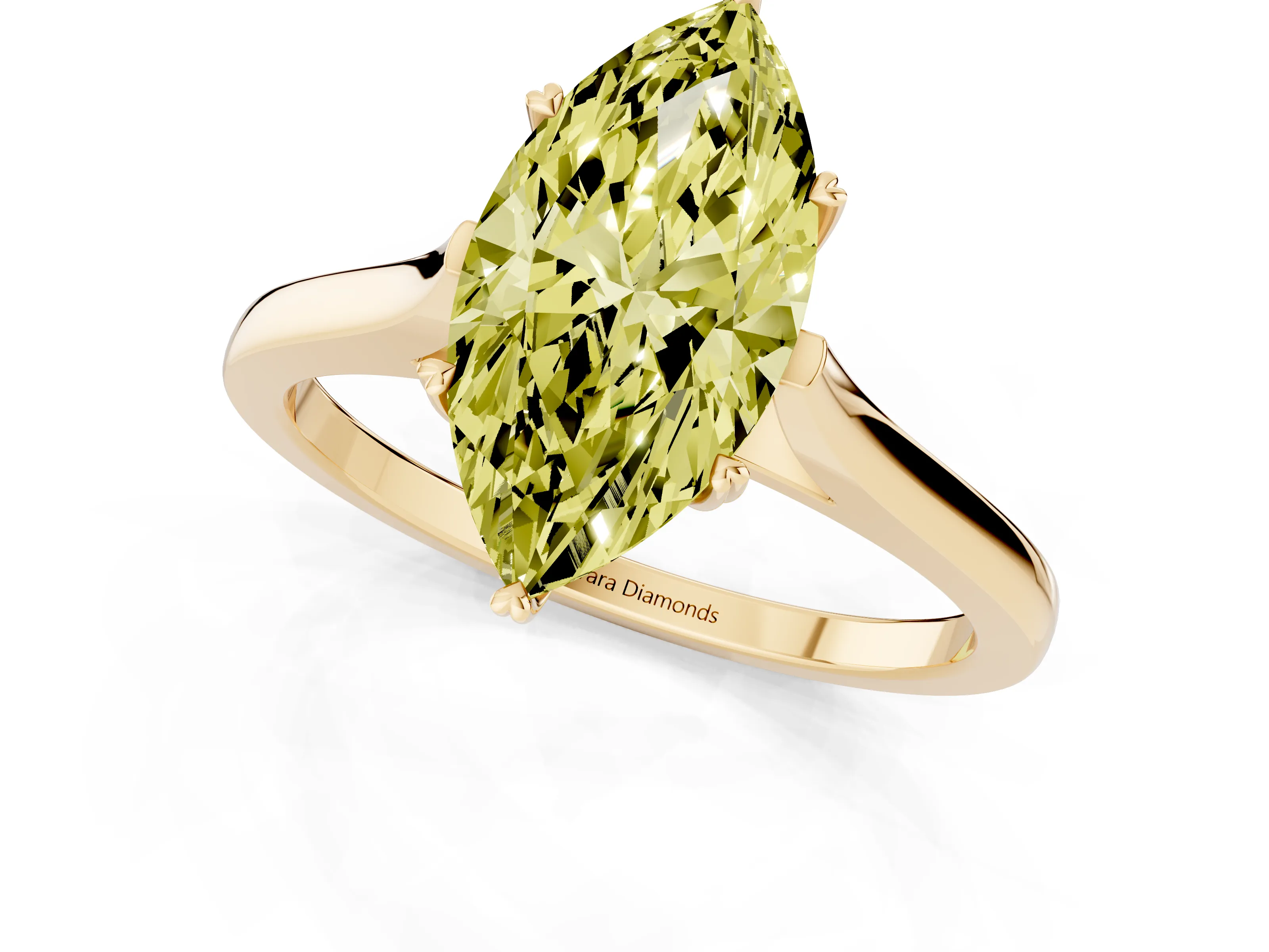Fancy Yellow Marquise Cut Diamond Solitaire Heart Prong Engagement Ring Set in Yellow gold with Tapered Band
