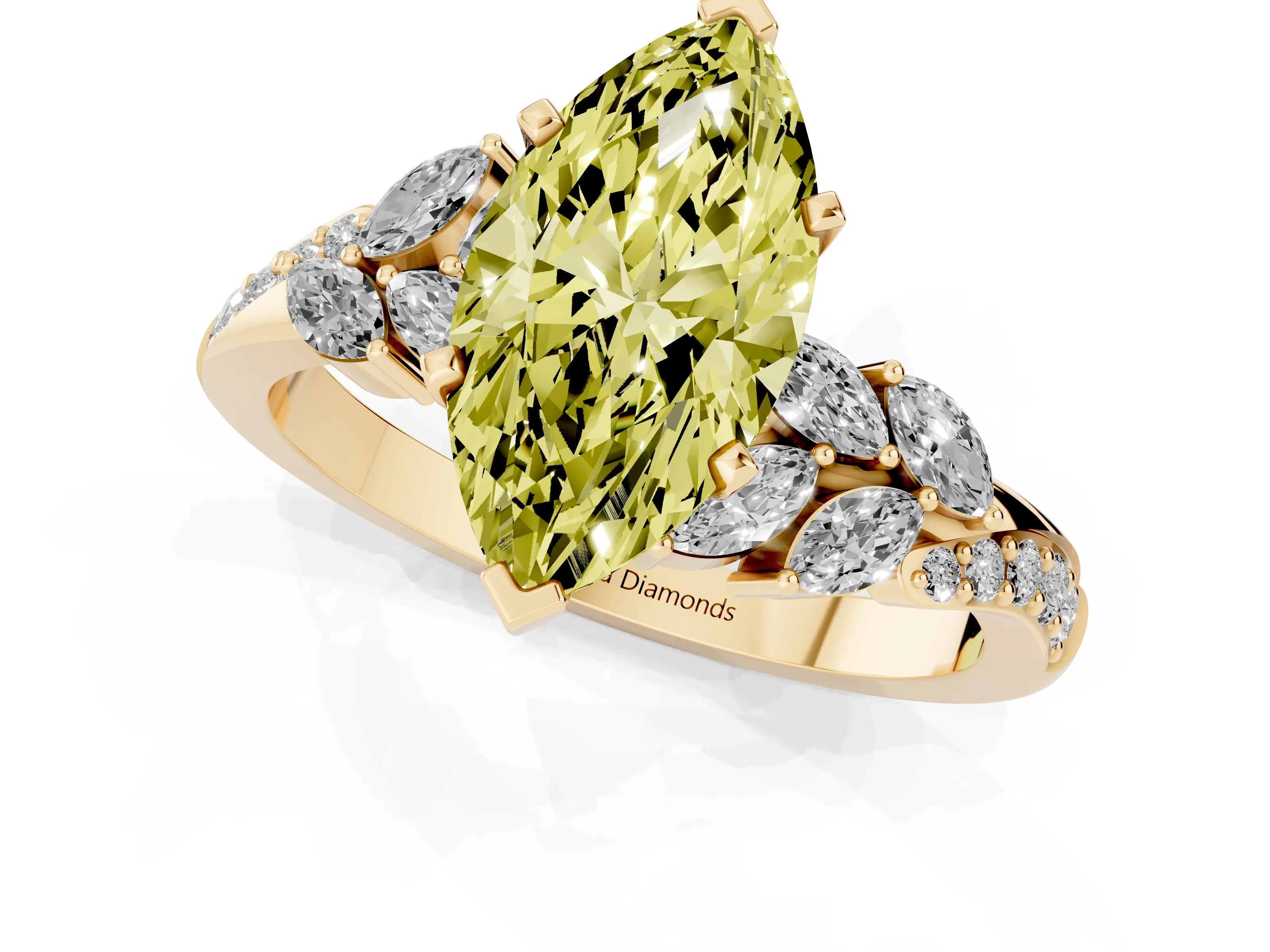 Fancy Yellow Marquise Cut Diamond Solitaire Ring Set in Yellow gold with Marquise Twist Band and Prong Setting