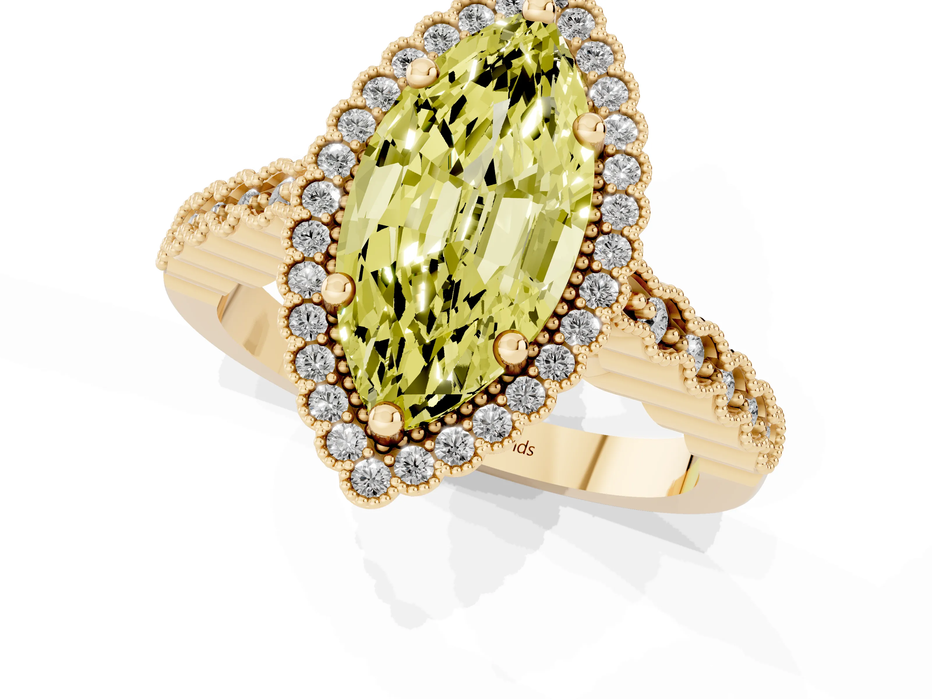 Fancy Yellow Marquise Cut Diamond Halo Ring Set in Yellow gold with Pavé Milgrain Band