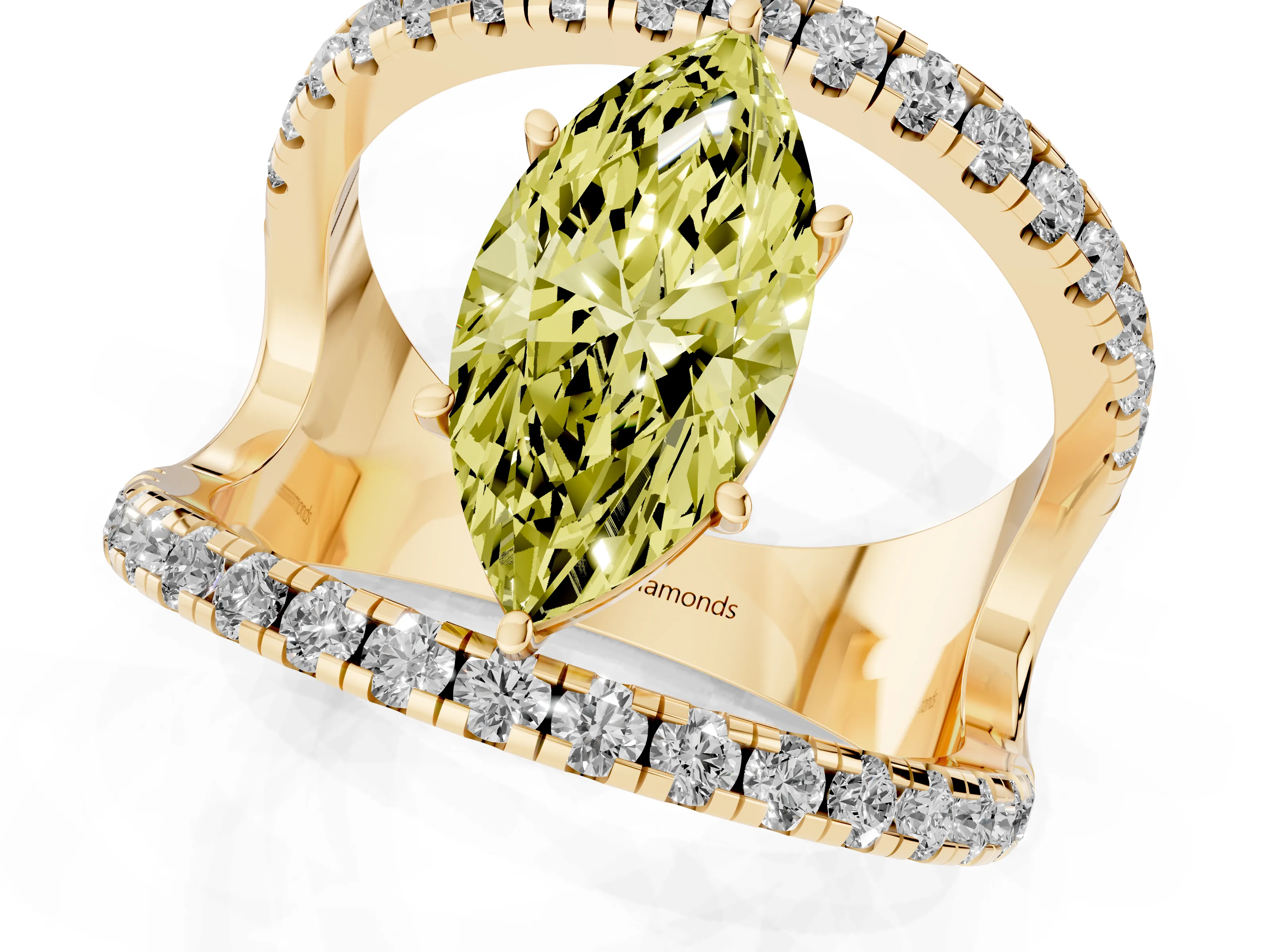 Fancy Yellow Marquise Cut Diamond Split Shank Pavé Solitaire Ring Set in Yellow gold with Open Shank Design
