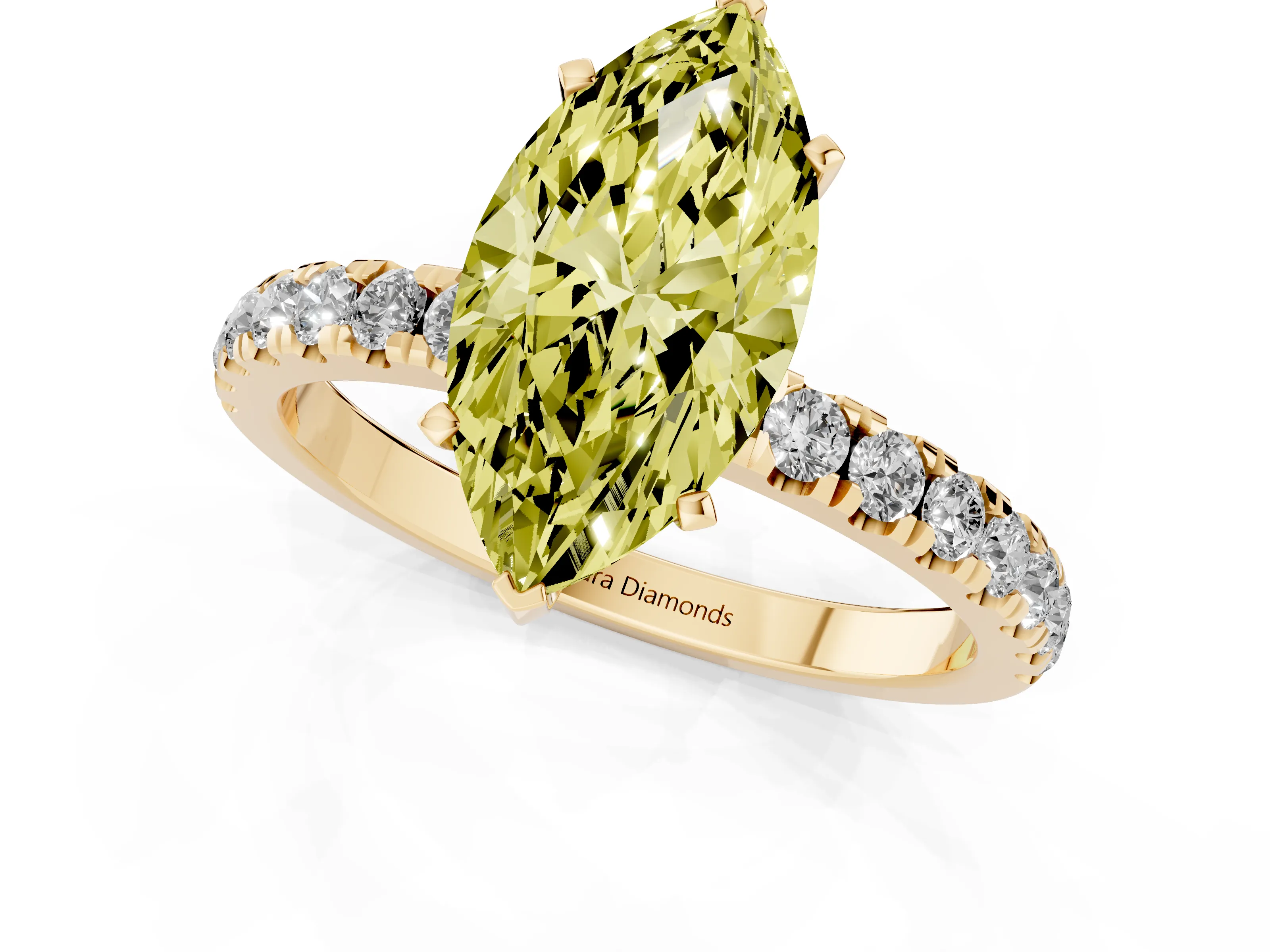 Fancy Yellow Marquise Cut Diamond Solitaire Ring Set in Yellow gold with Pavé Accents and Prong Setting