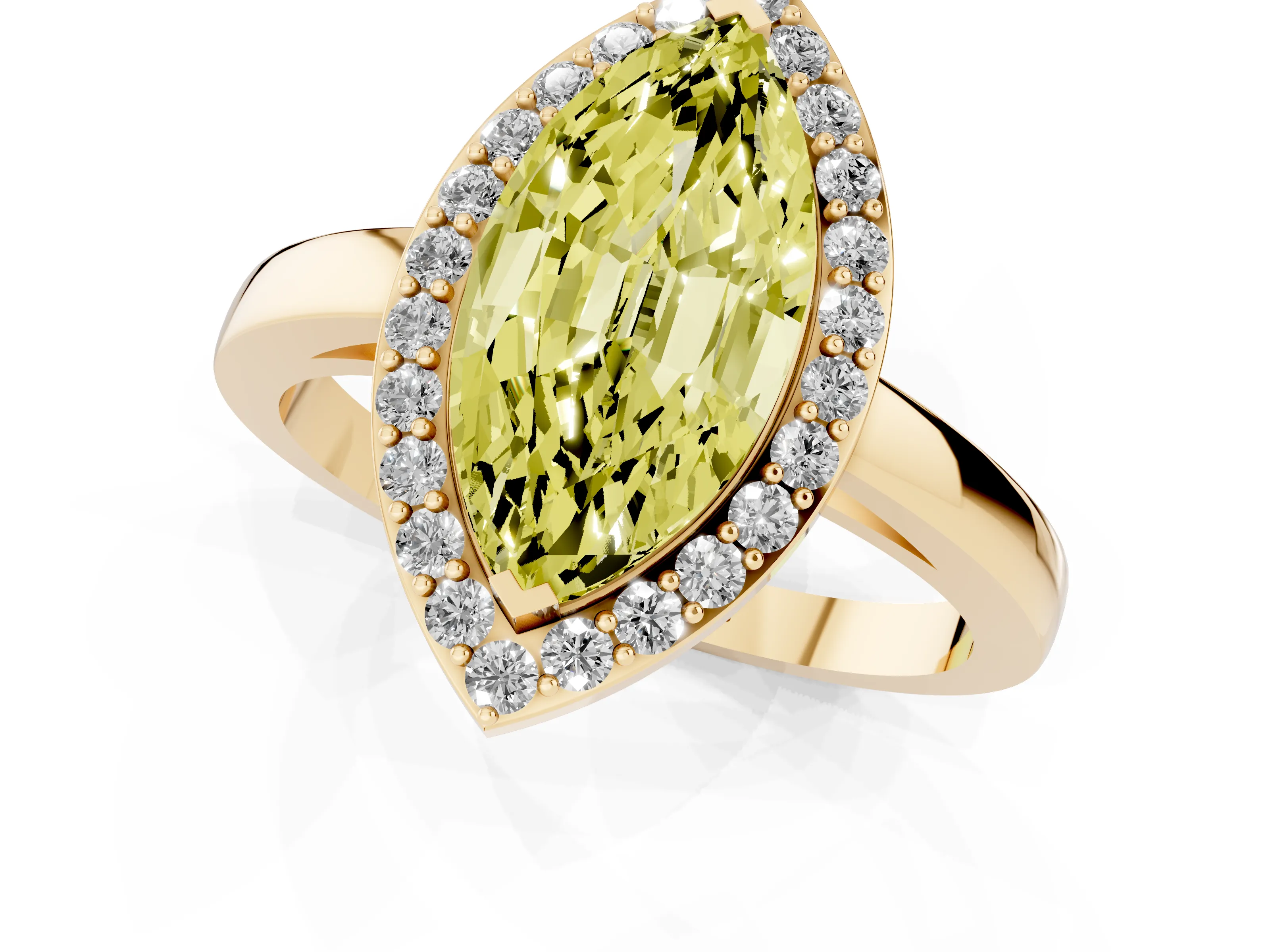 Fancy Yellow Marquise Cut Diamond Halo Ring Set in Yellow gold with Solitaire Band and Prong Setting