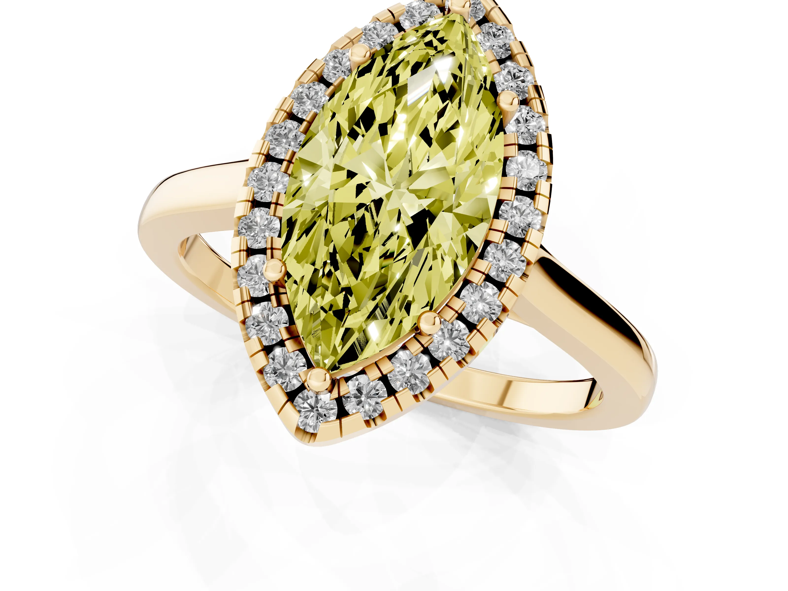 Fancy Yellow Marquise Cut Halo Round Diamond Solitaire Ring Set in Yellow gold with Pavé Band and Prong Setting