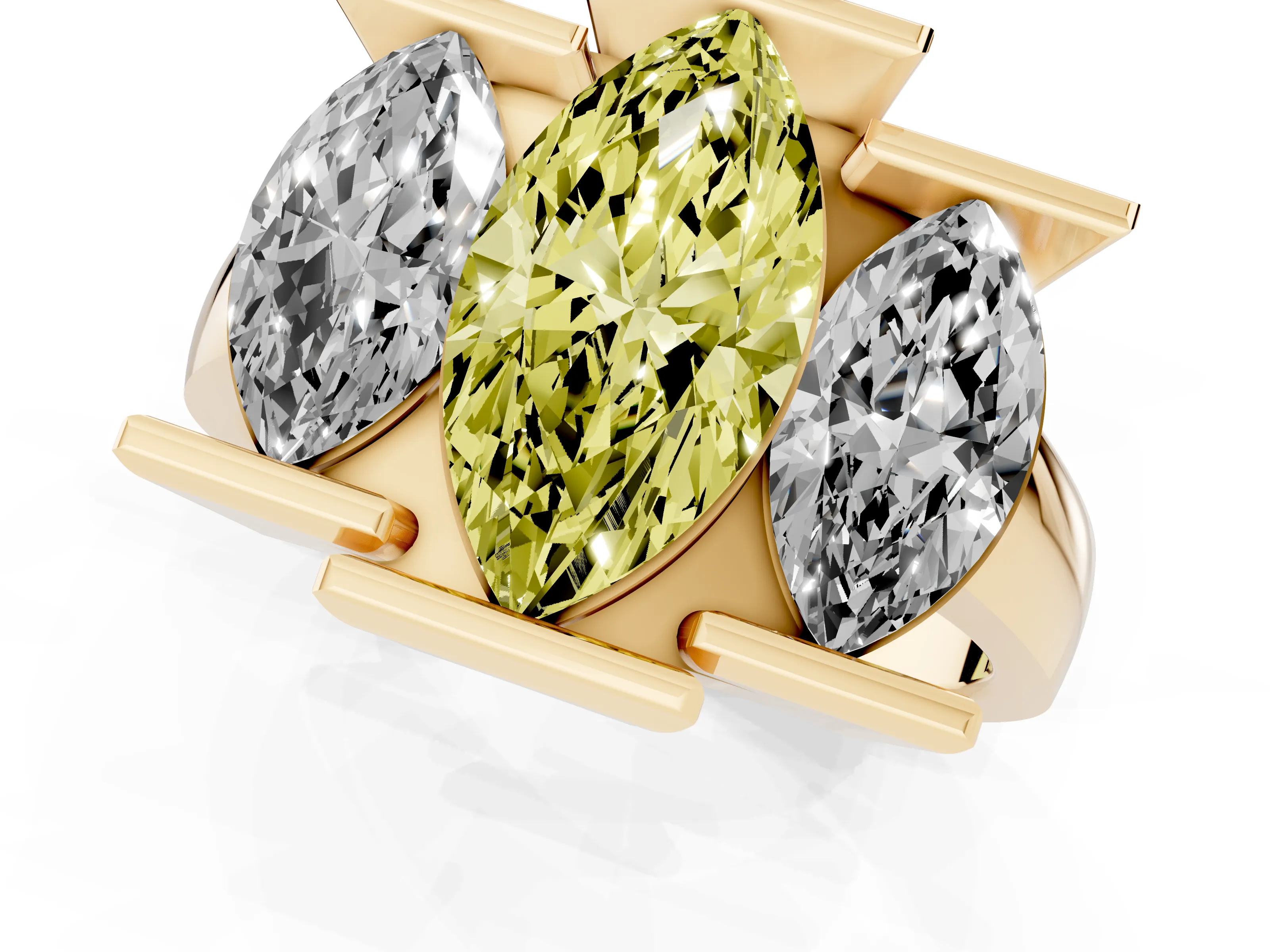 Fancy Yellow Marquise Cut Diamond Three-Stone Channel Set Ring Set in Yellow gold with Smooth Polished Band