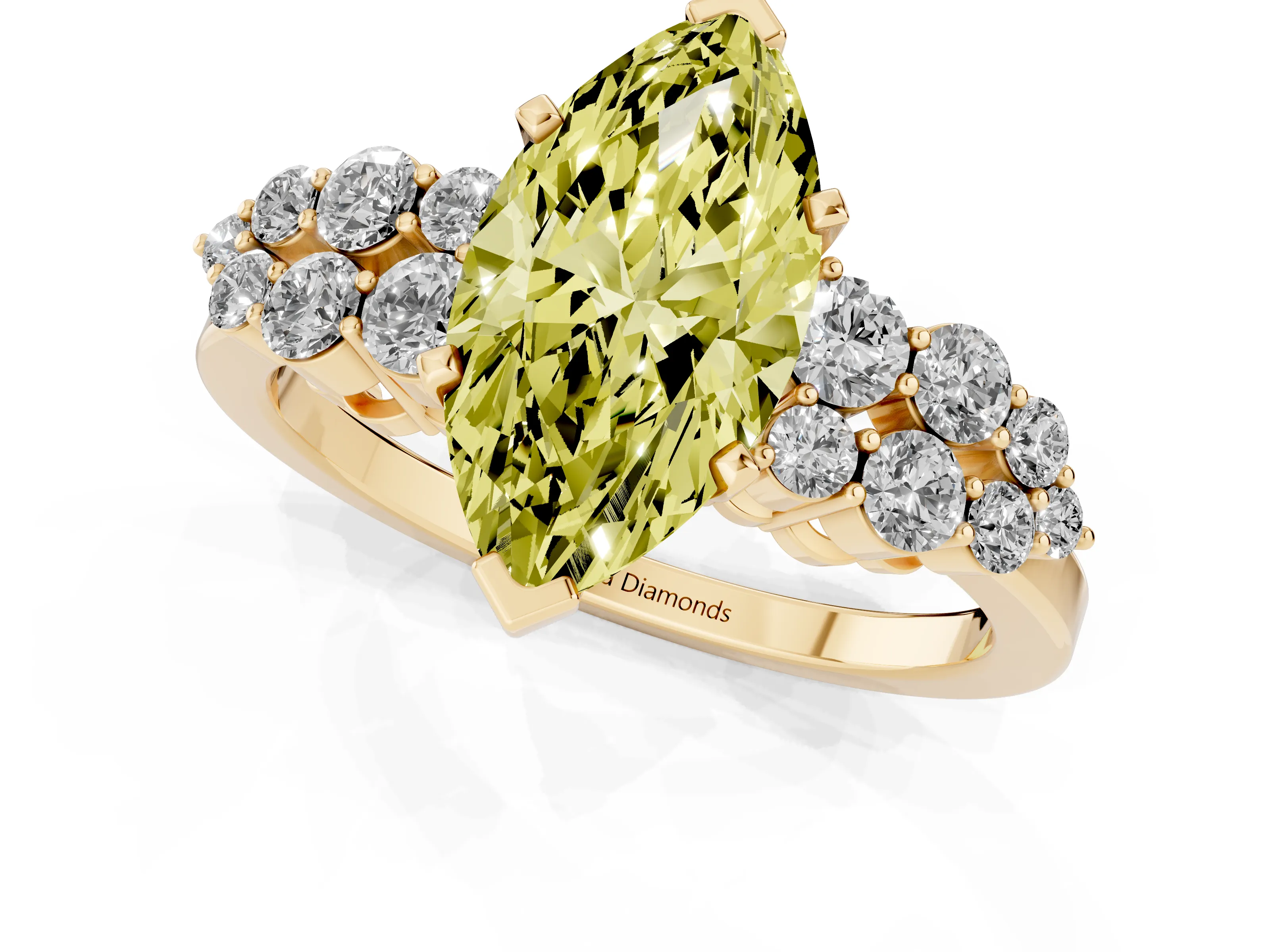 Fancy Yellow Marquise Cut Diamond Cluster Engagement Ring Set in Yellow gold with Pavé Band and Prong Setting