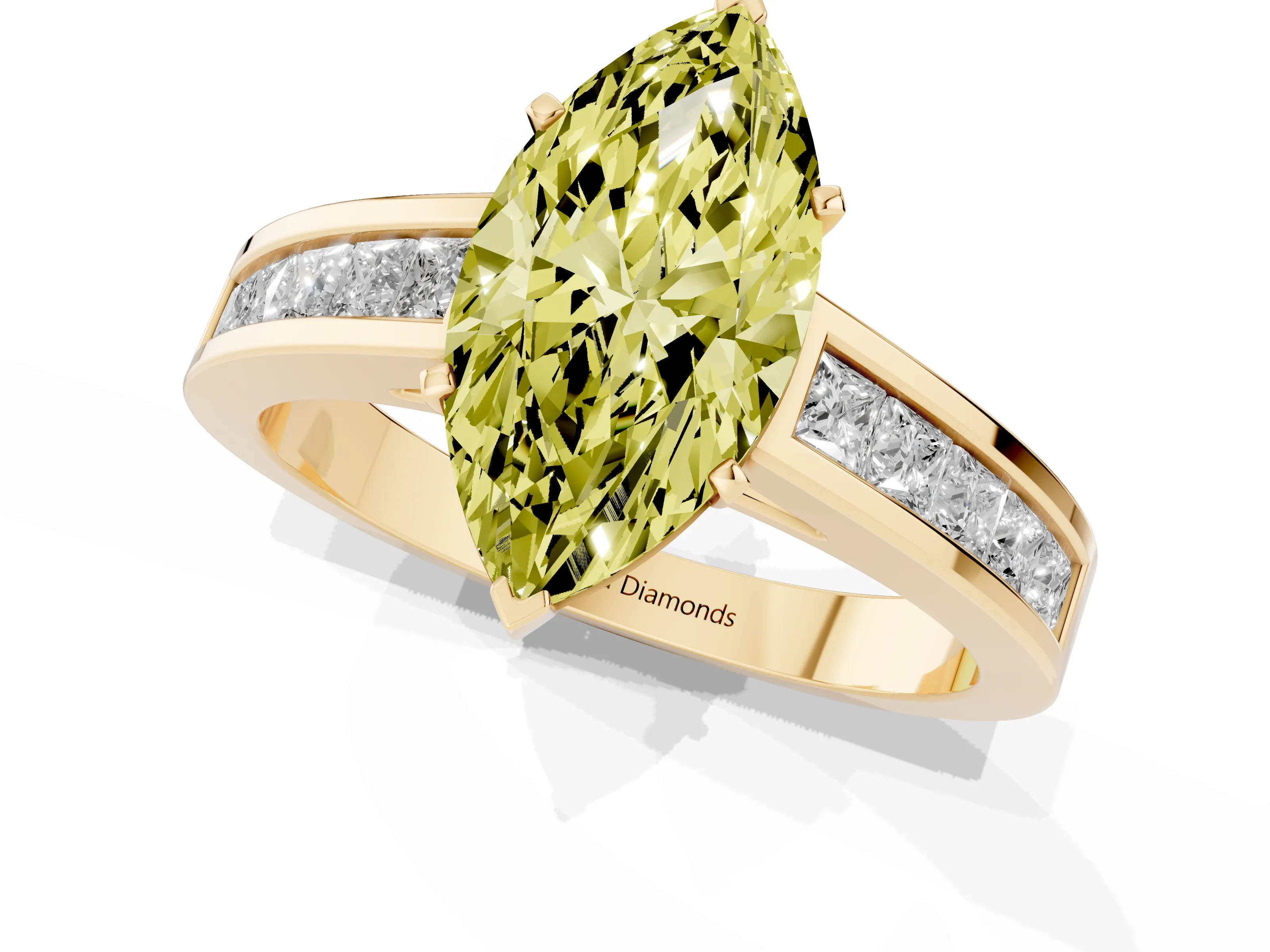 Fancy Yellow Marquise Cut Diamond Solitaire Ring Set in Yellow gold with Channel-Set Band and Prong Setting