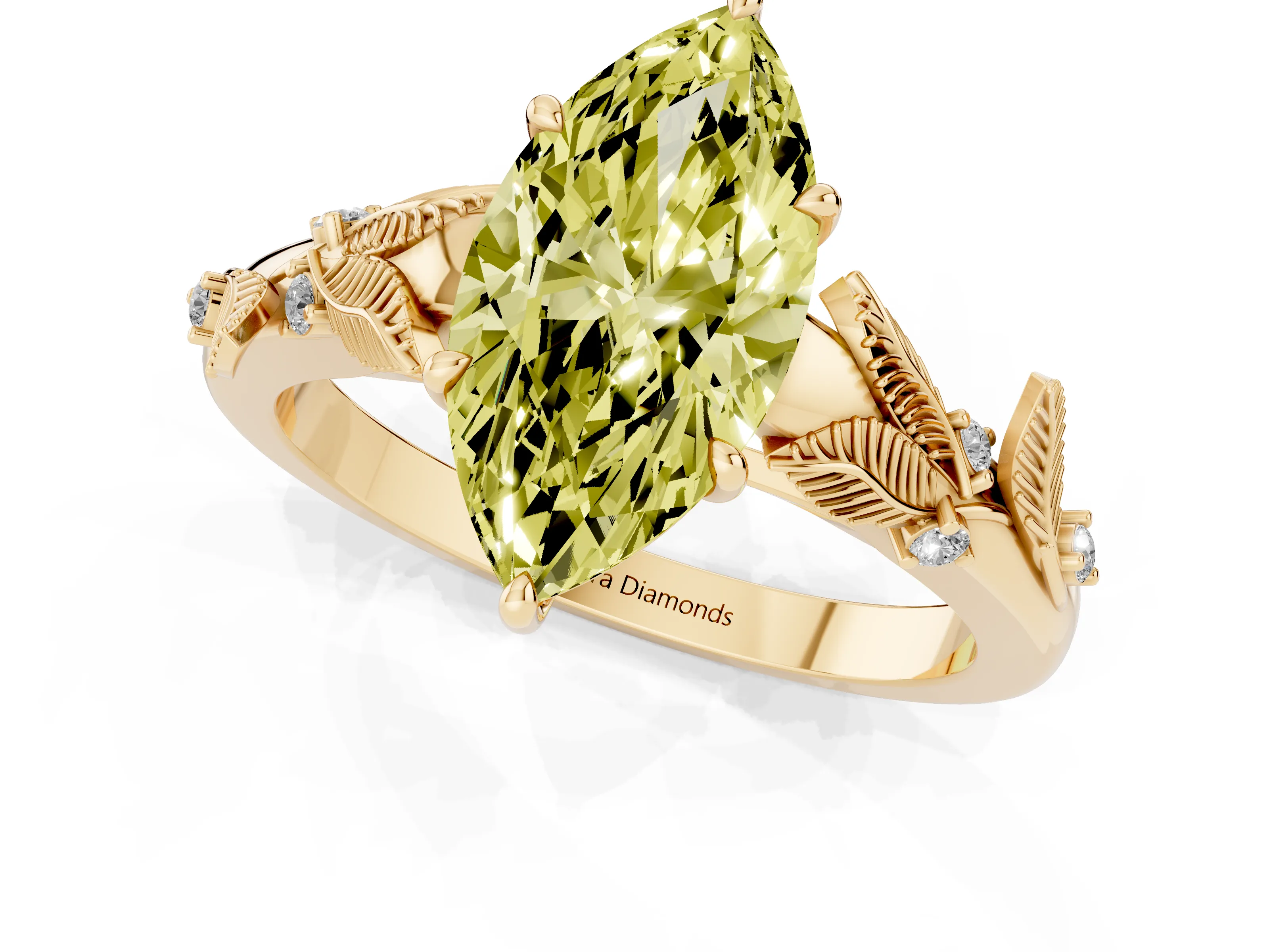 Fancy Yellow Marquise Cut Diamond Solitaire Ring Set in Yellow gold with Leaf Motif Band