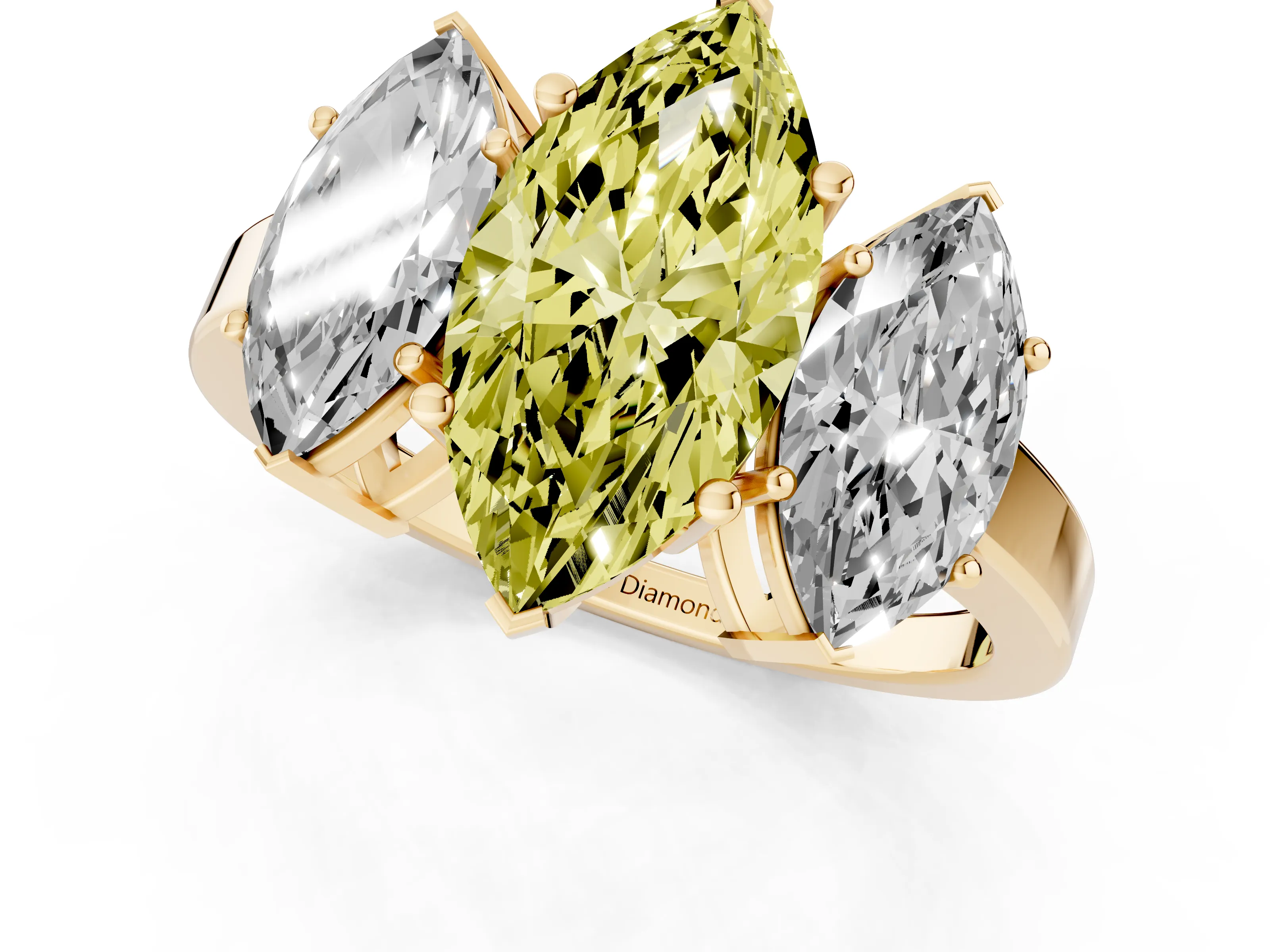 Fancy Yellow Marquise Cut Diamond Three-Stone Engagement Ring Set in Yellow gold with Flat Band