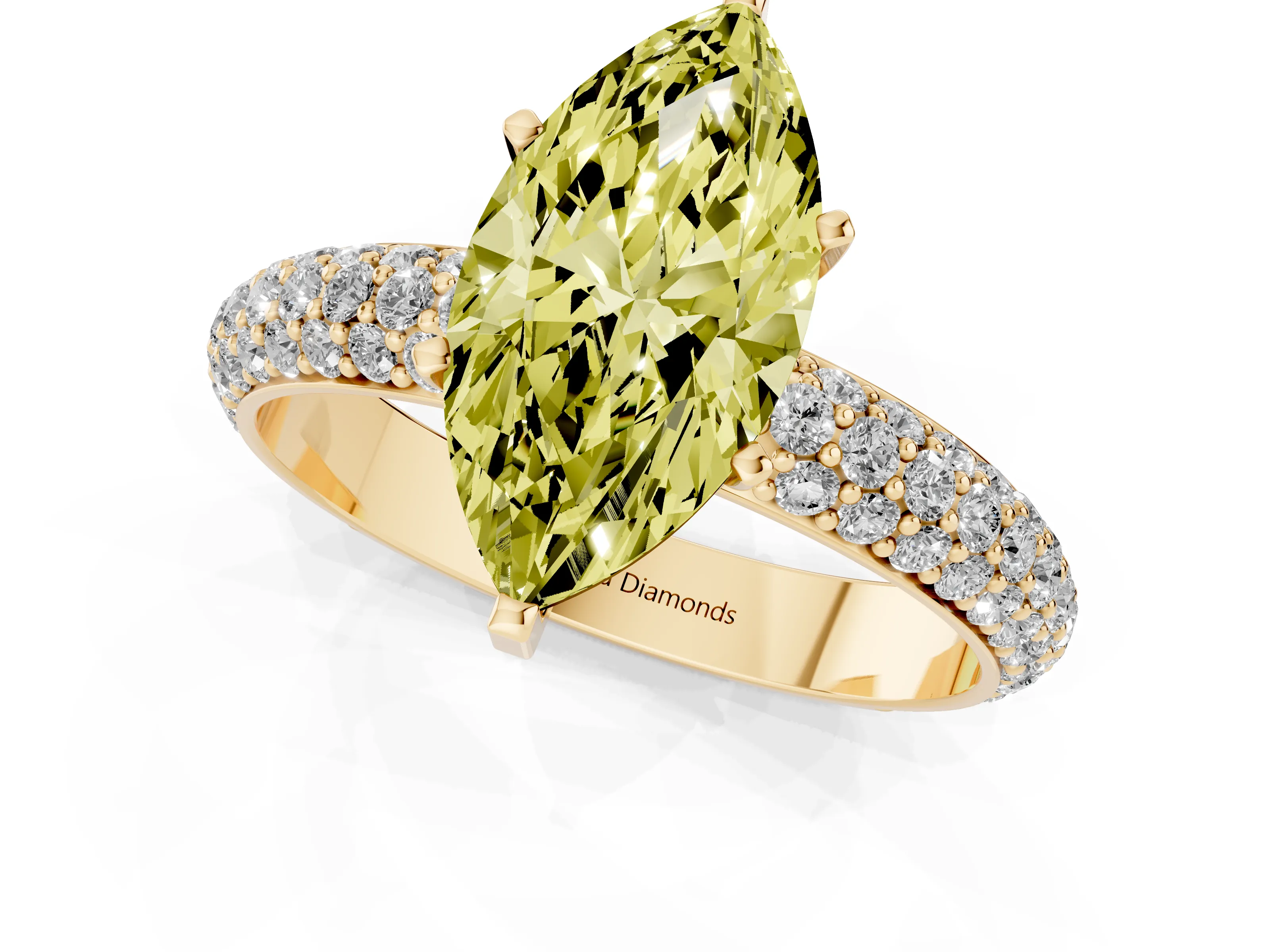 Fancy Yellow Marquise Cut Diamond Solitaire Ring Set in Yellow gold with Prong Setting and Pavé-Set Band