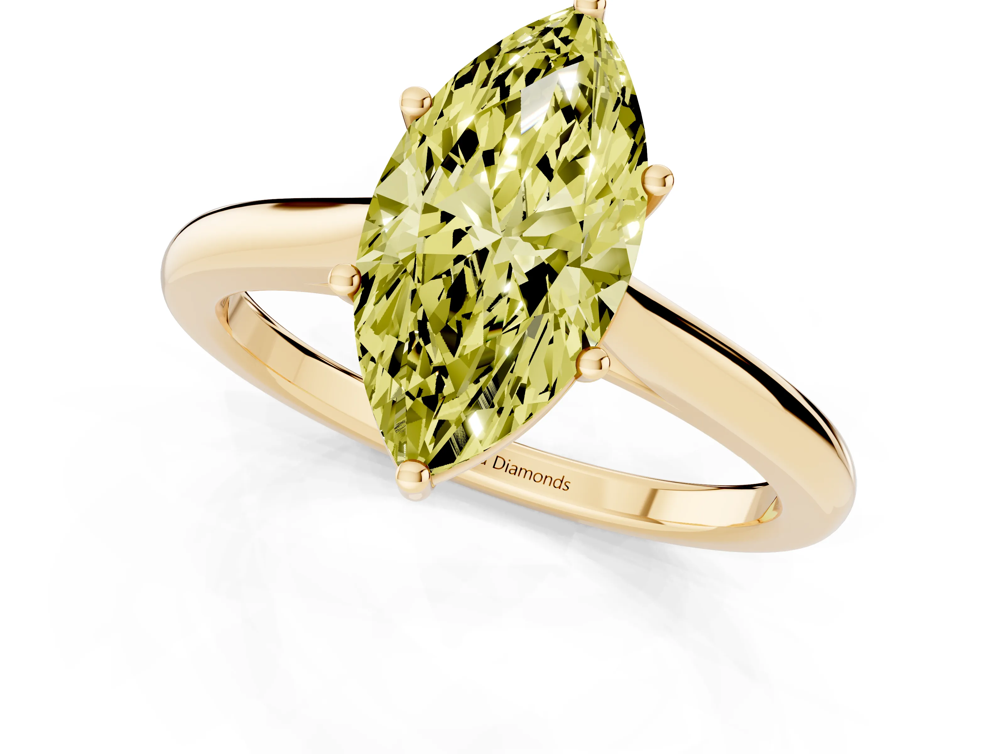 Fancy Yellow Marquise Cut Diamond Solitaire Ring Set in Yellow gold with Cathedral Band and Prong Setting