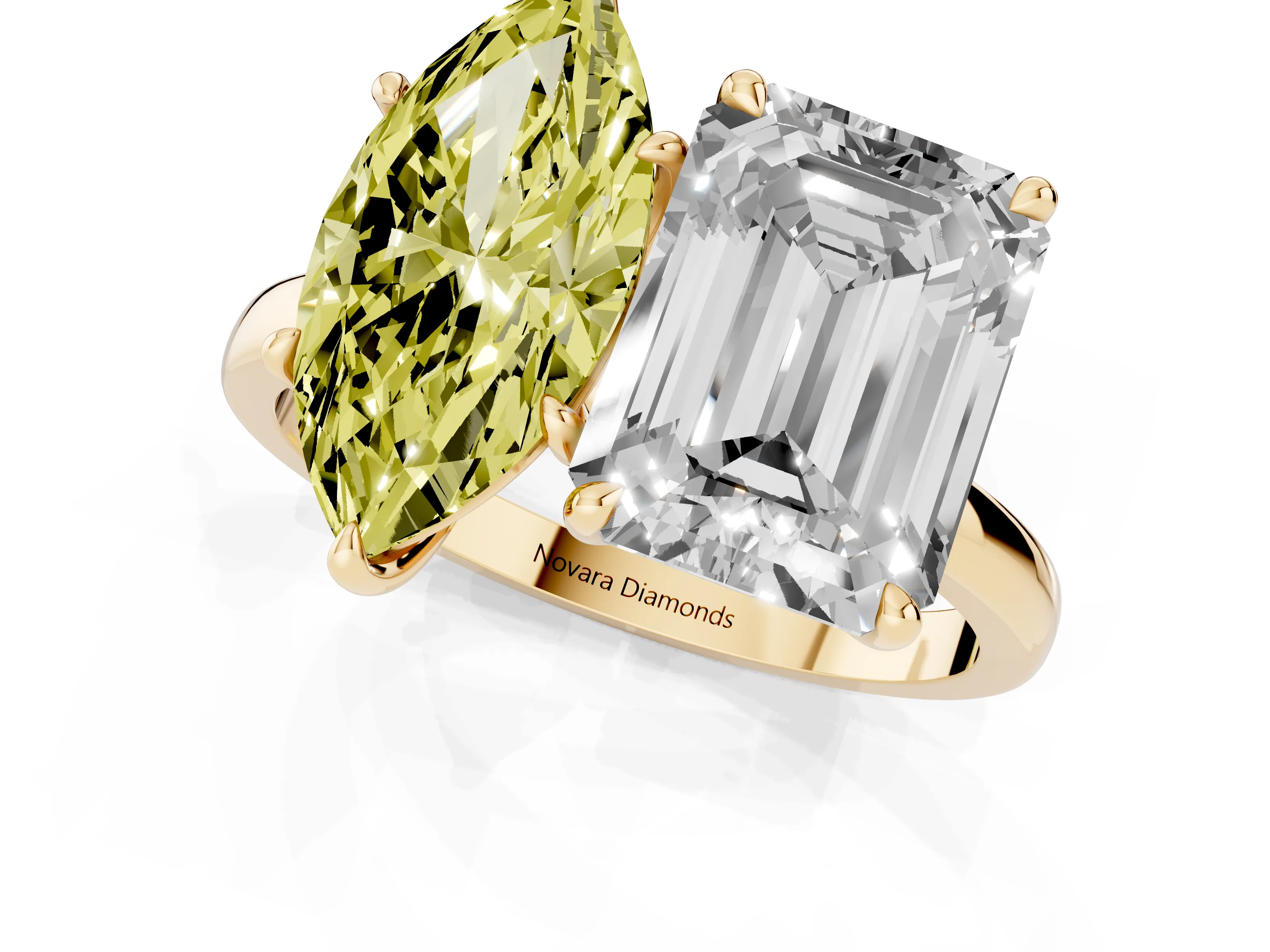 Fancy Yellow Marquise Cut and Emerald Cut Toi Moi Ring Set in Yellow gold with Prong Setting