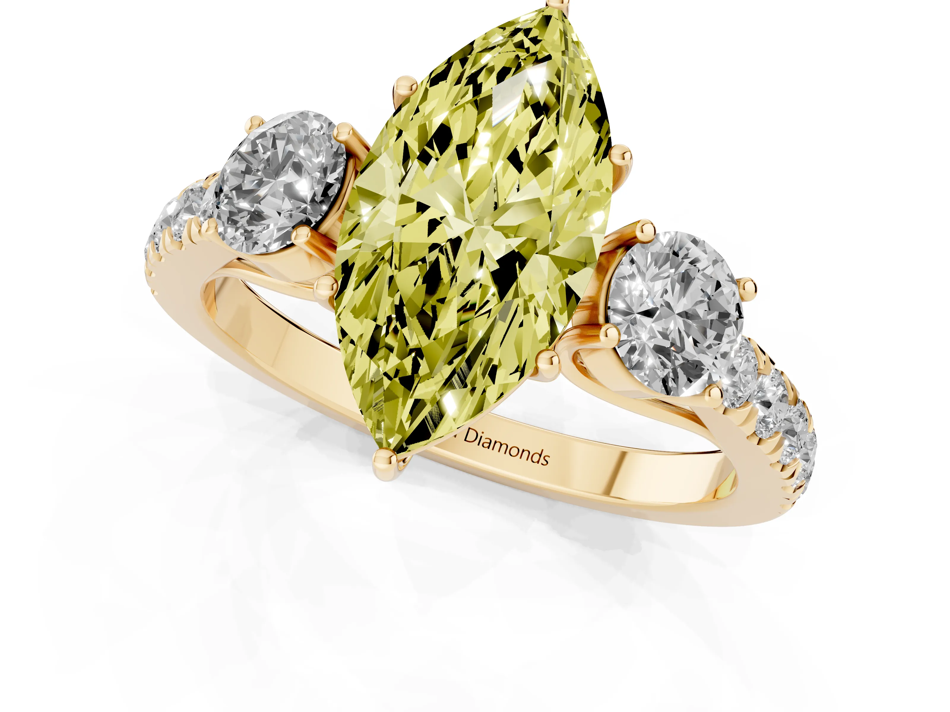 Fancy Yellow Marquise Cut Diamond Three-Stone Ring Set in Yellow gold with Round Side Stones and Delicate Pavé Band