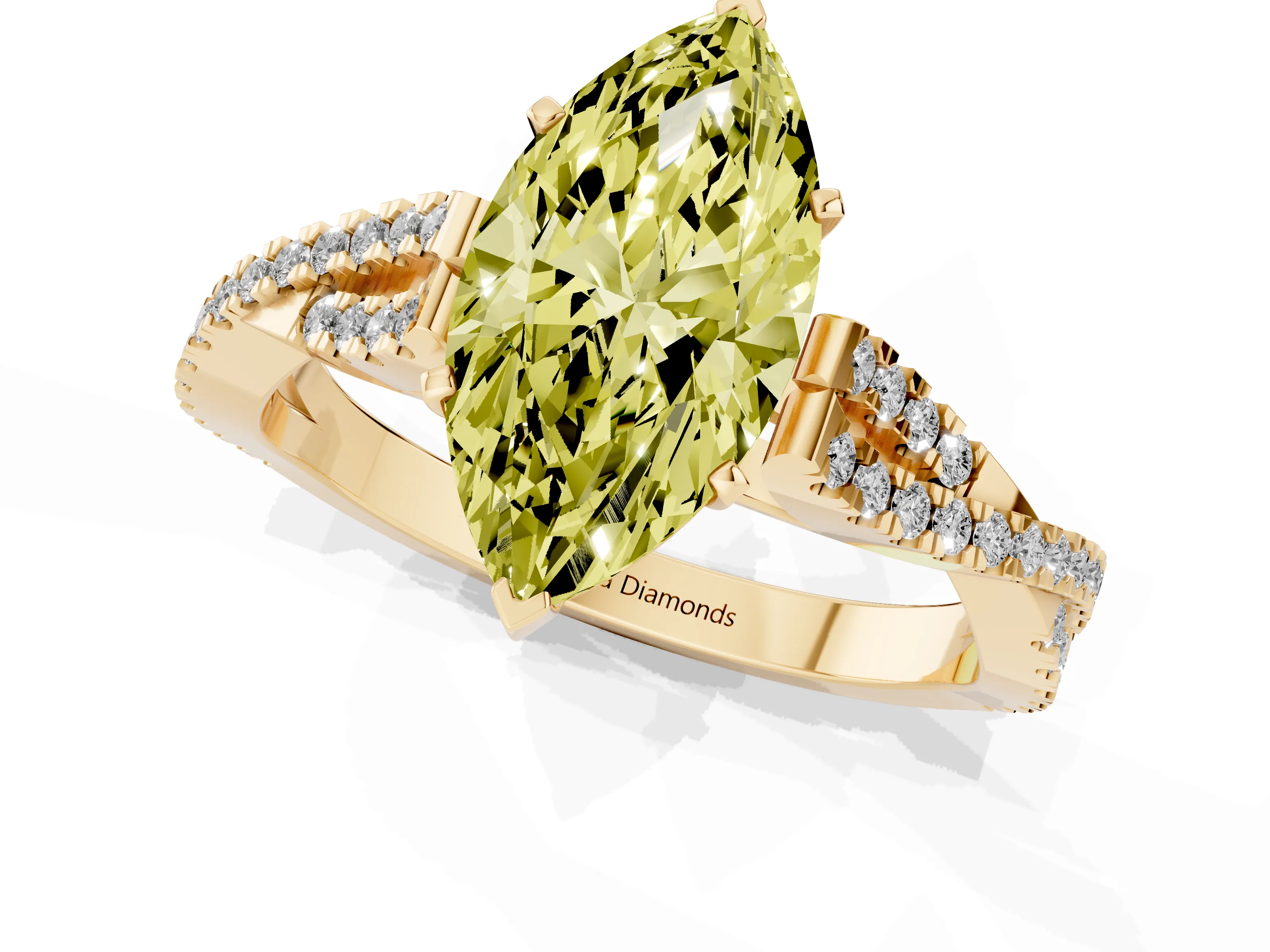 Fancy Yellow Marquise Cut Diamond Solitaire Engagement Ring Set in Yellow gold with Twisted Pavé Band and Prong Setting