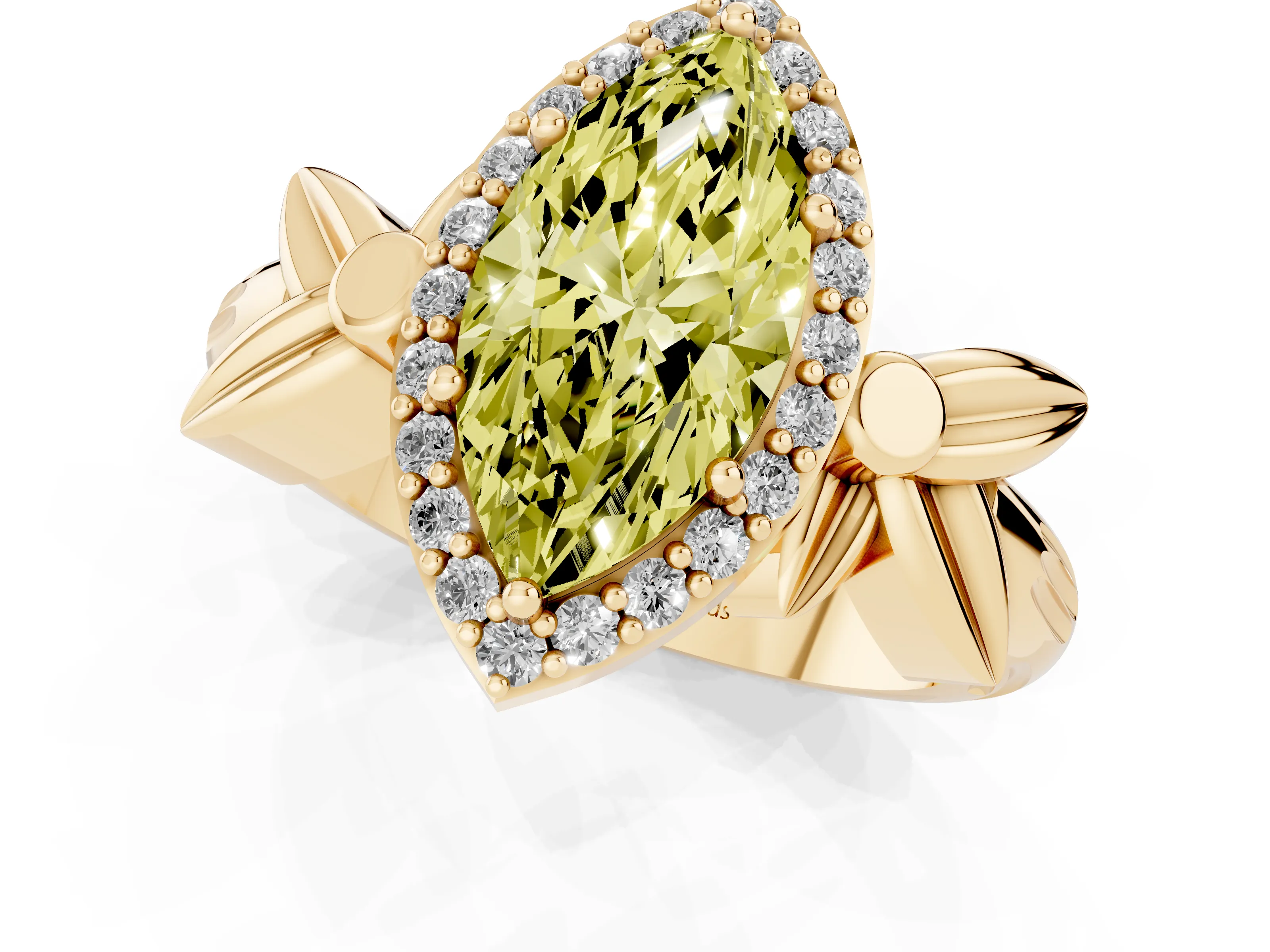 Fancy Yellow Marquise Cut Diamond Halo Floral Band Ring Set in Yellow gold with Prong Setting